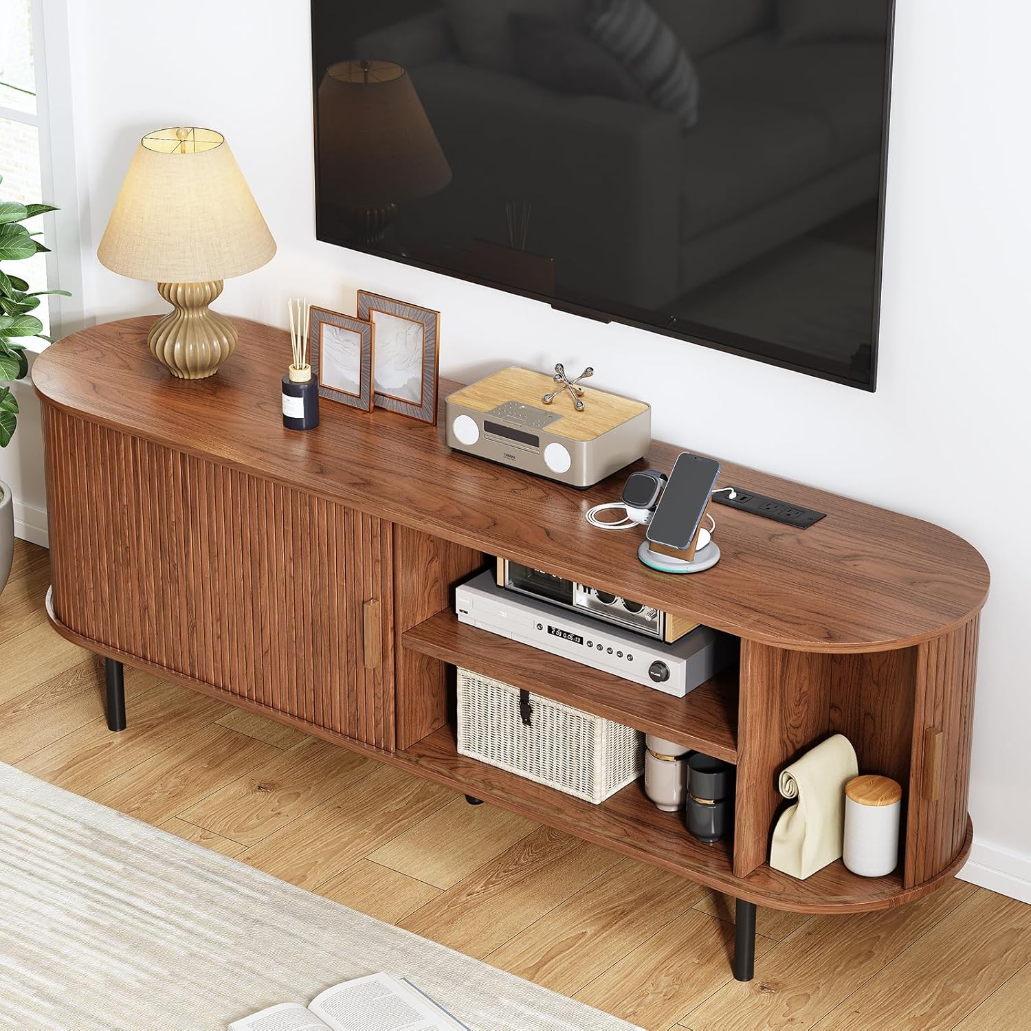 63" Fluted TV Stand with Power Outlet, Modern Media Console with Sliding Doors, Entertainment Center for TVs up to 60 Inch, Adjustable Shelves, Walnut - Image 3