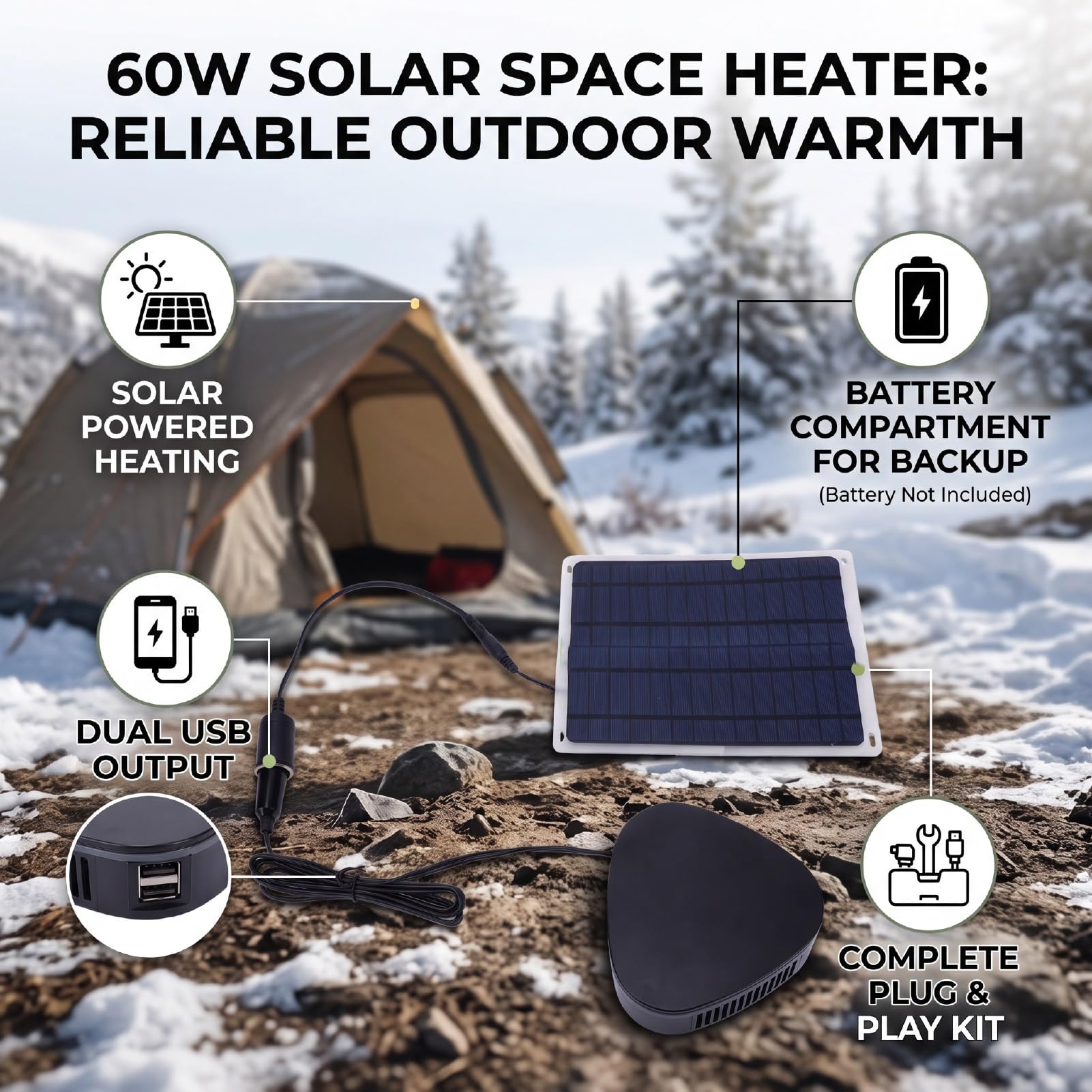 Akozon Calentador Solar de 60W, con Compartimiento para Batería