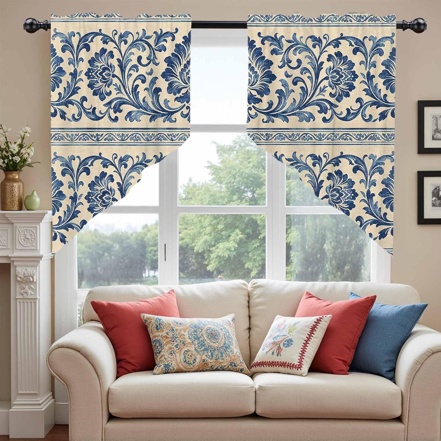28x36Inch Polyester Vintage Damask Blue Scroll Floral Print Swag Valances