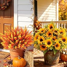 AmyHomie 2 Bunches Artificial Sunflower Bouquets and 16 Bundles Fall Lavender Plants for Outdoor Fall Decor