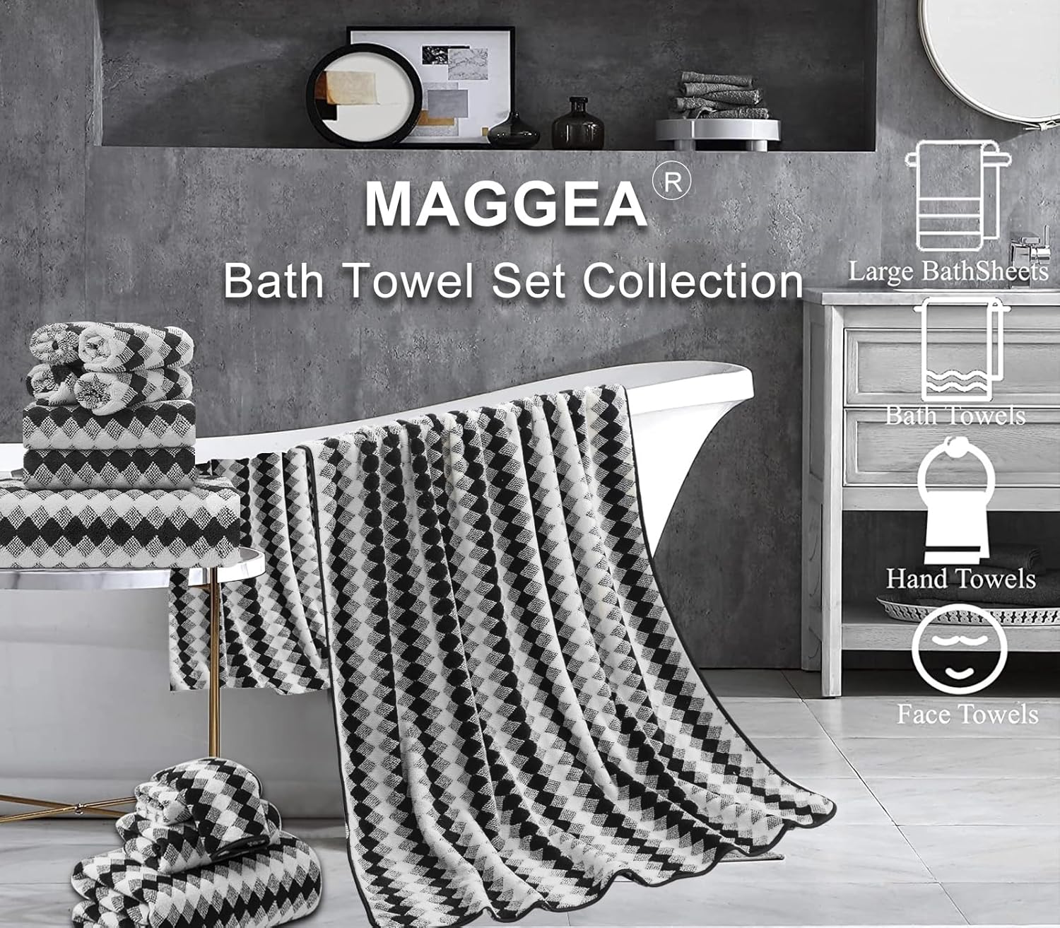 2 Hand Towel Set 16"x31" Black White Towel Set for Bathroom,Highly Absorbent & Quick Dry Hand Towel for Daily Use,Soft Microfiber Multipurpose Towel Collection for Hotel,Spa,Shower,Gym - Image 3