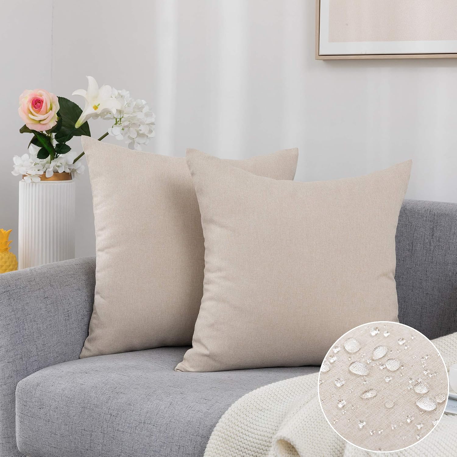 Tiaronics Pack of 2 Decorative Outdoor Waterproof Pillow Covers Soft Cotton Linen Garden Cushion Case for Patio Couch Sofa Home Decoration (Beige, 18 * 18")
