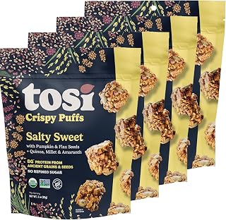 Tosi Crispy Puffs (3oz, 4 Pack), Vegan Crunchy Snacks, 8g Plant Based Protein, Nut-Free, Allergen Friendly, Healthy Snacks for Adults & Kids, Gluten Free Treats, Ancient Grains (Salty Sweet)