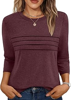 AUTOMET Women's Summer 3/4 Length Sleeve Tops Crew Neck Casual Tunics Dressy Pleated T Shirts Fall Blouses 2025