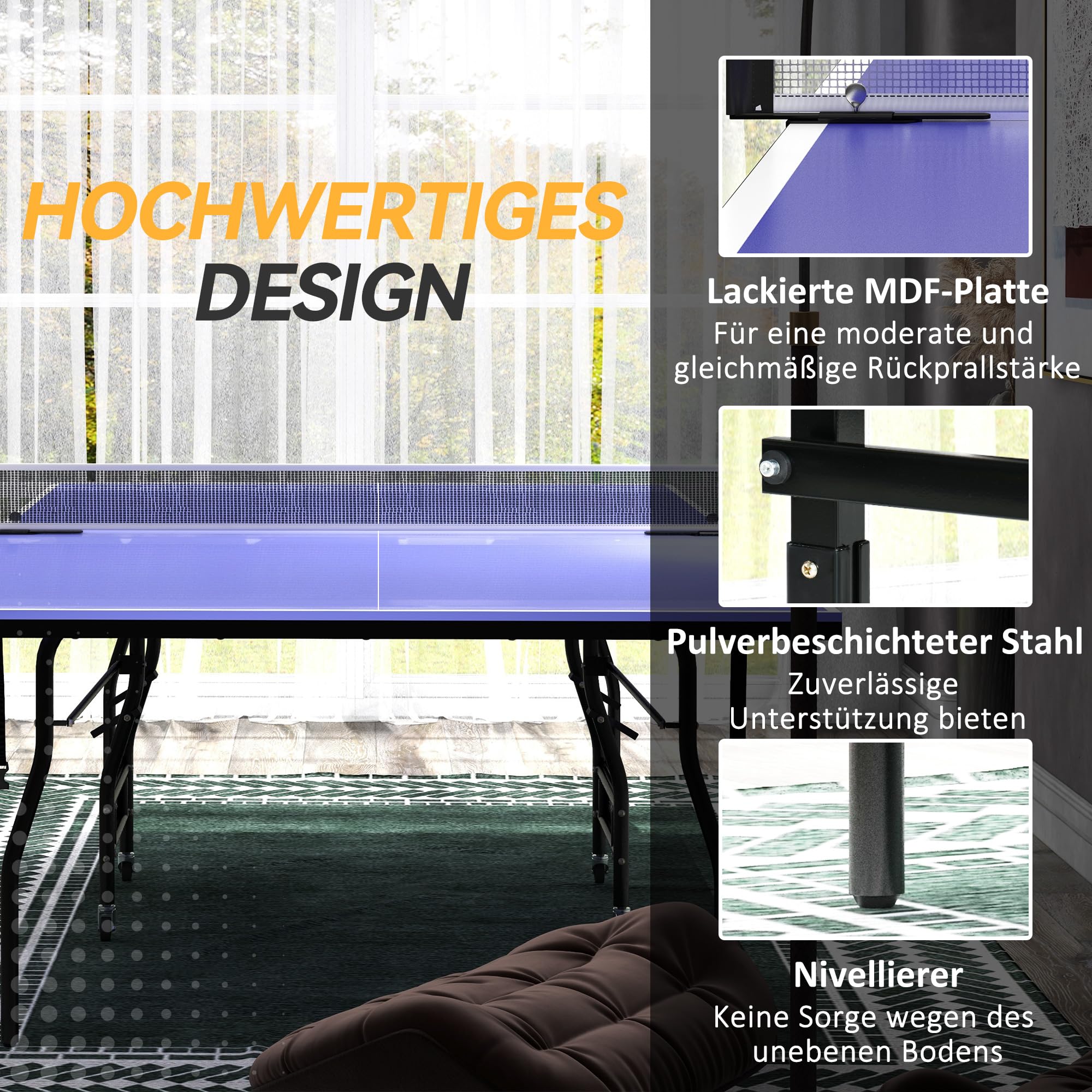 SPORTNOW Tavolo da tennis pieghevole indoor 274x152.5x76cm Blu | Tavolo da tennis da tavolo standard con ruote, rete, 3 palline, piano da 12mm, resistente alle intemperie.