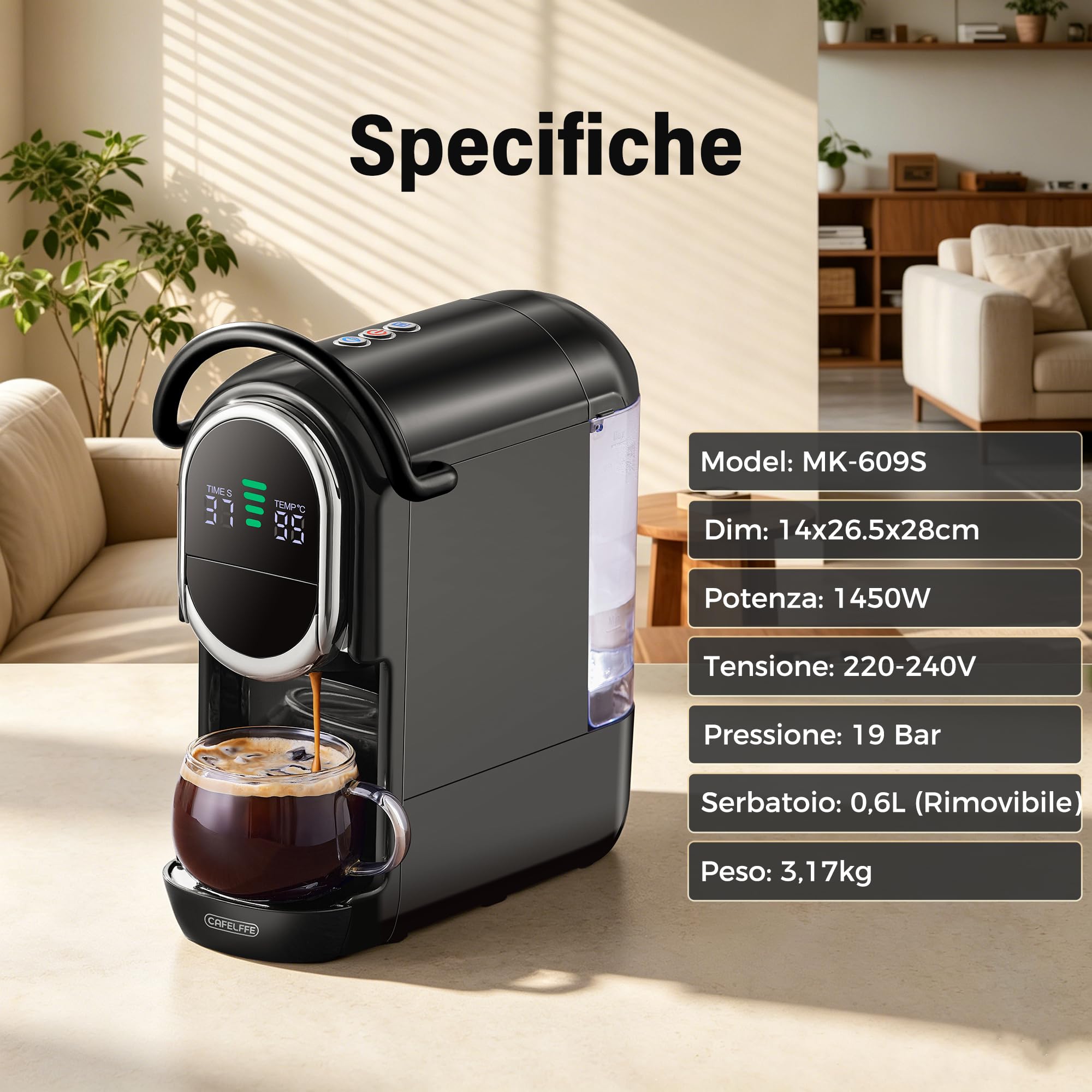 CAFELFFE MK-609S Macchina da caffè a capsule 4 in 1 con pressione di 19 bar, infuso caldo/freddo, espresso compatto per casa e ufficio, Nes Original/DG/ESE/macinato, nero