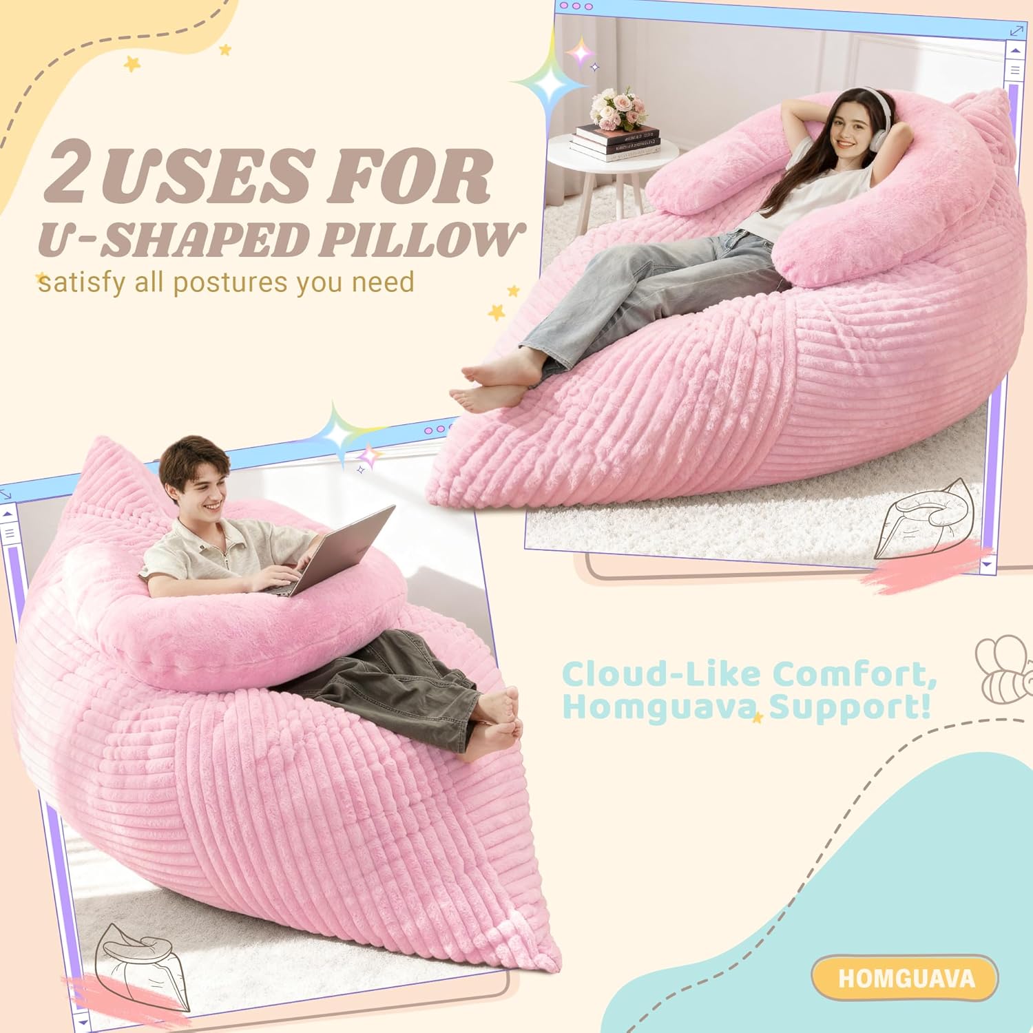 Homguava Giant Bean Bag Chair for Adults with Pillow, 4 in 1 Convertible Floor Cushion for Adluts, Memory Foamed Bean Bag Lounger with Washable Cover for Living Room, Bedroom - Image 3