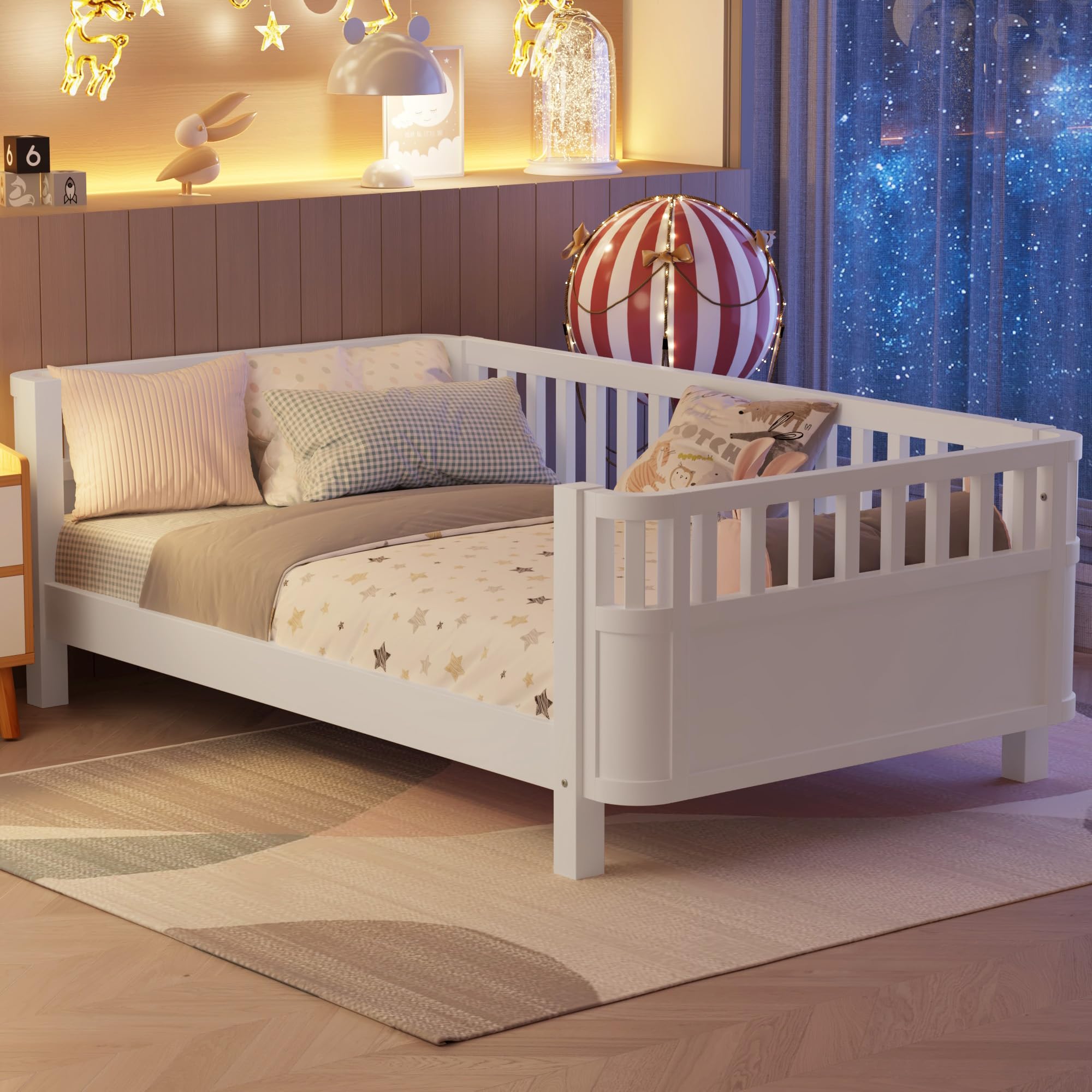 Twin Size Kids Bed Frame, Low Profile Montessori Twin Bed with Rails, Wood Daybed for Girls & Boys, No Spring Box Required, No Squeaks, White