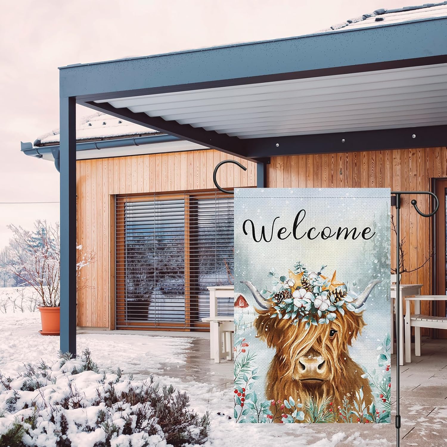 Welcome Winter Garden Flag Burlap Double Sided Vertical 12x18 Inch Highland Cow Winter Flag Farmhouse Yard Outdoor Decor - Image 3