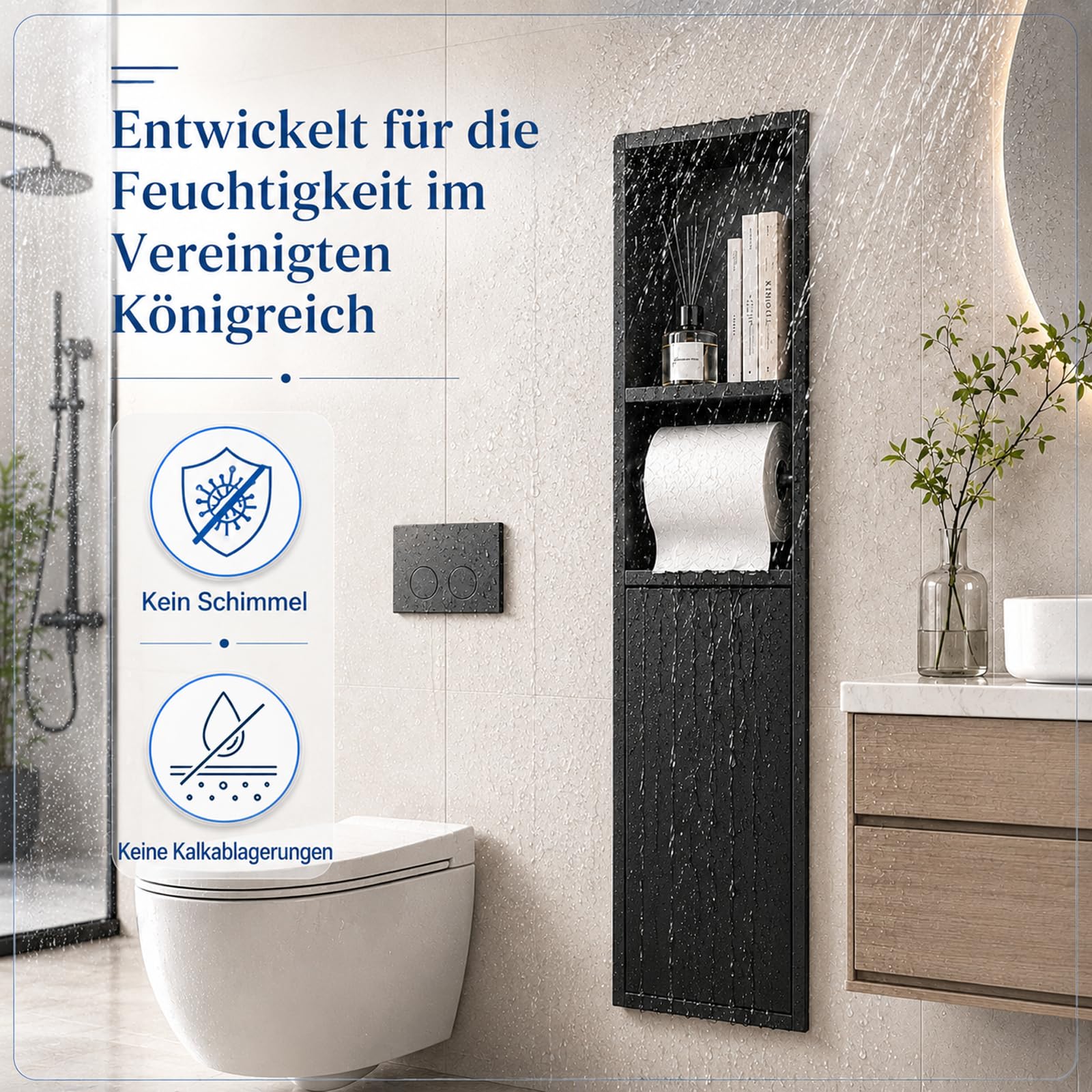 Unterputz Toilettenpapierhalter Edelstahl mit Klobürstengarnitur | 80 x 18 x 12,5 cm Badezimmerschrank mit Toilettenpapierhalter, und Badezimmer-Schrankfunktion, Matt Schwarz