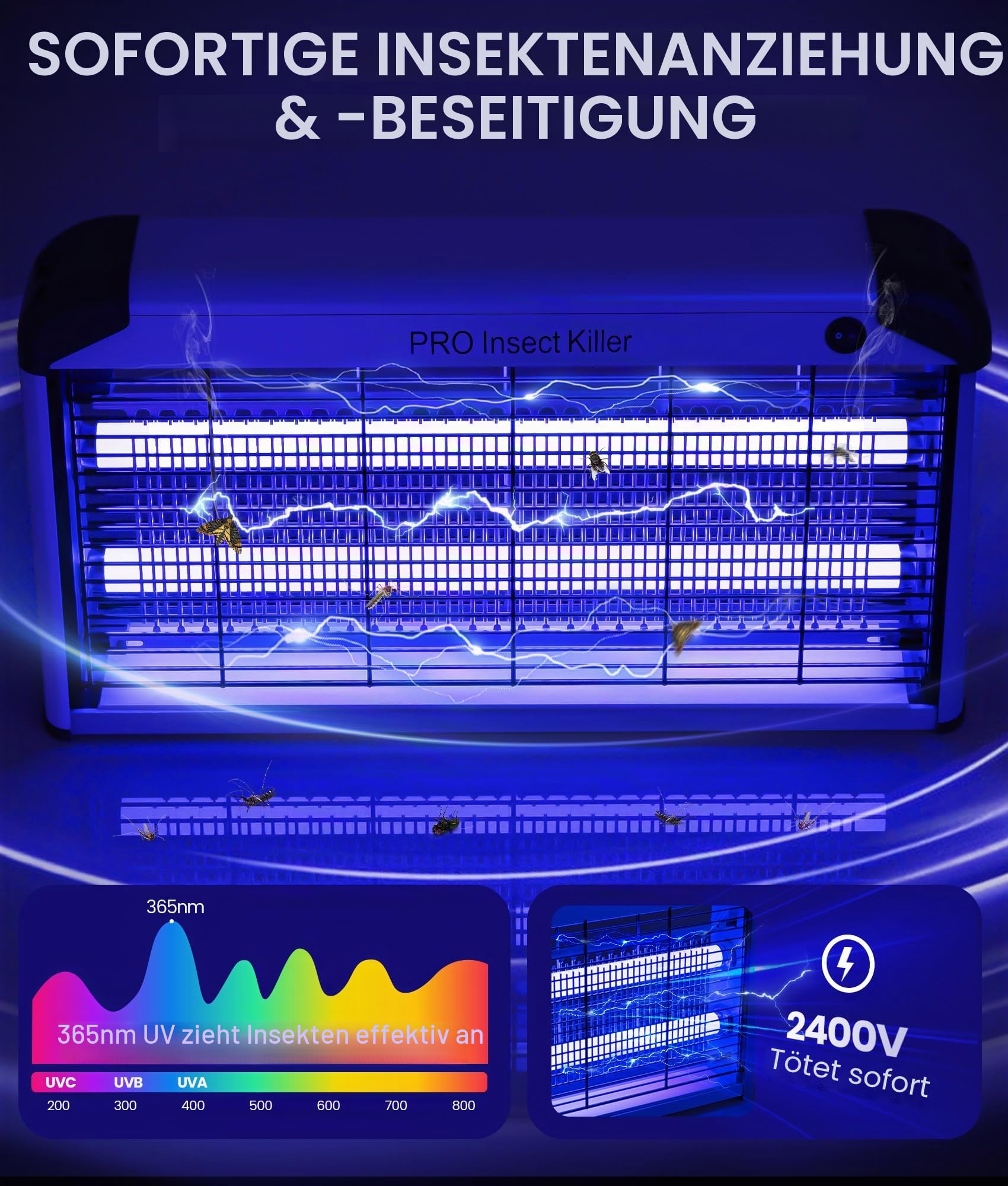 Spectracide Wirksam Insektenlampe Innen, 30w Fliegenfalle Elektrisch Insektenvernichter mit UV Lampe, 2400V Insektenfänger Elektrisch Fliegen Wespen Mücken Moskitos Milben