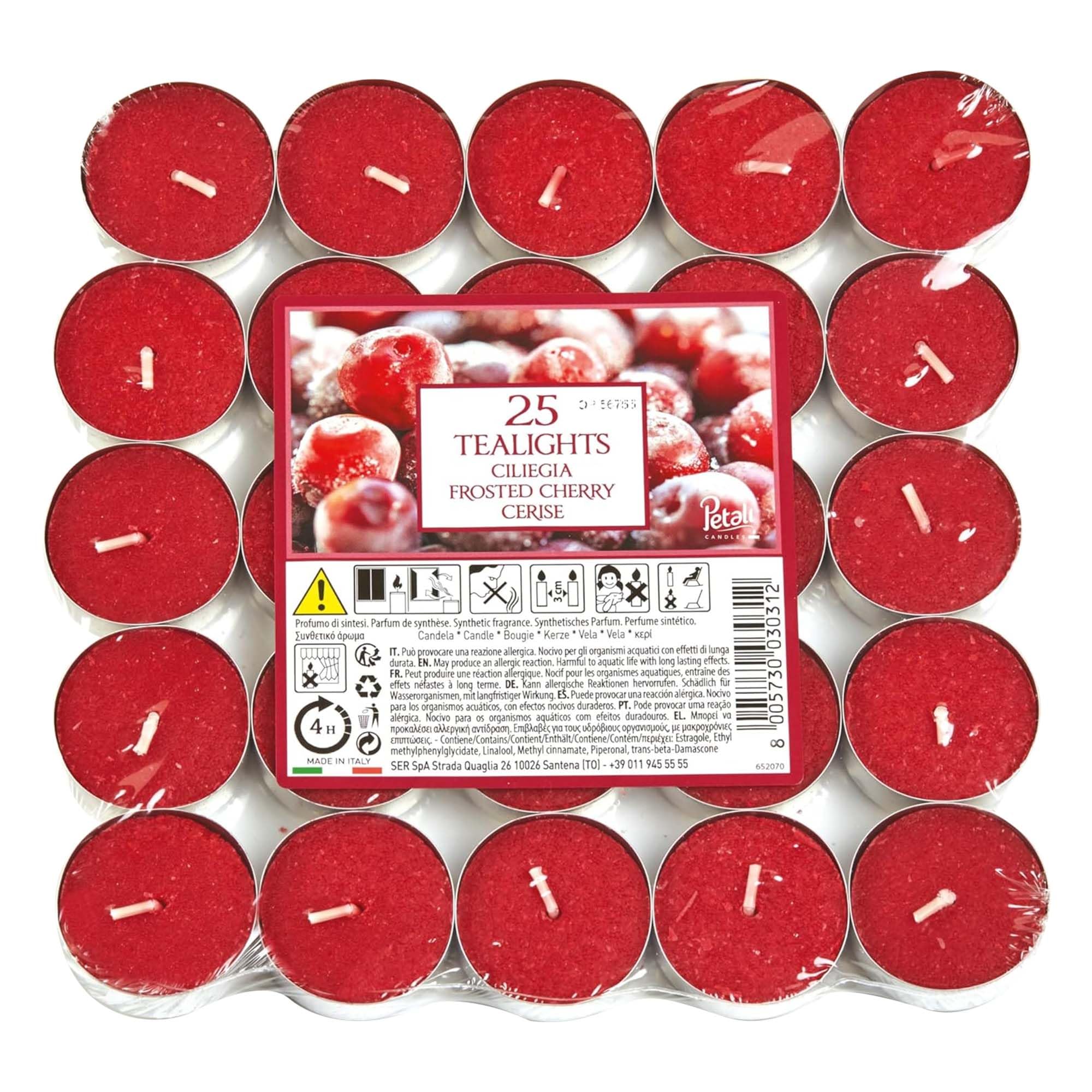 Price's Petali Brand Scented Tealights | 25 Pack Tealights 4 Hour Burn Time | Available in Multiple Scents (Frosted Cherry)