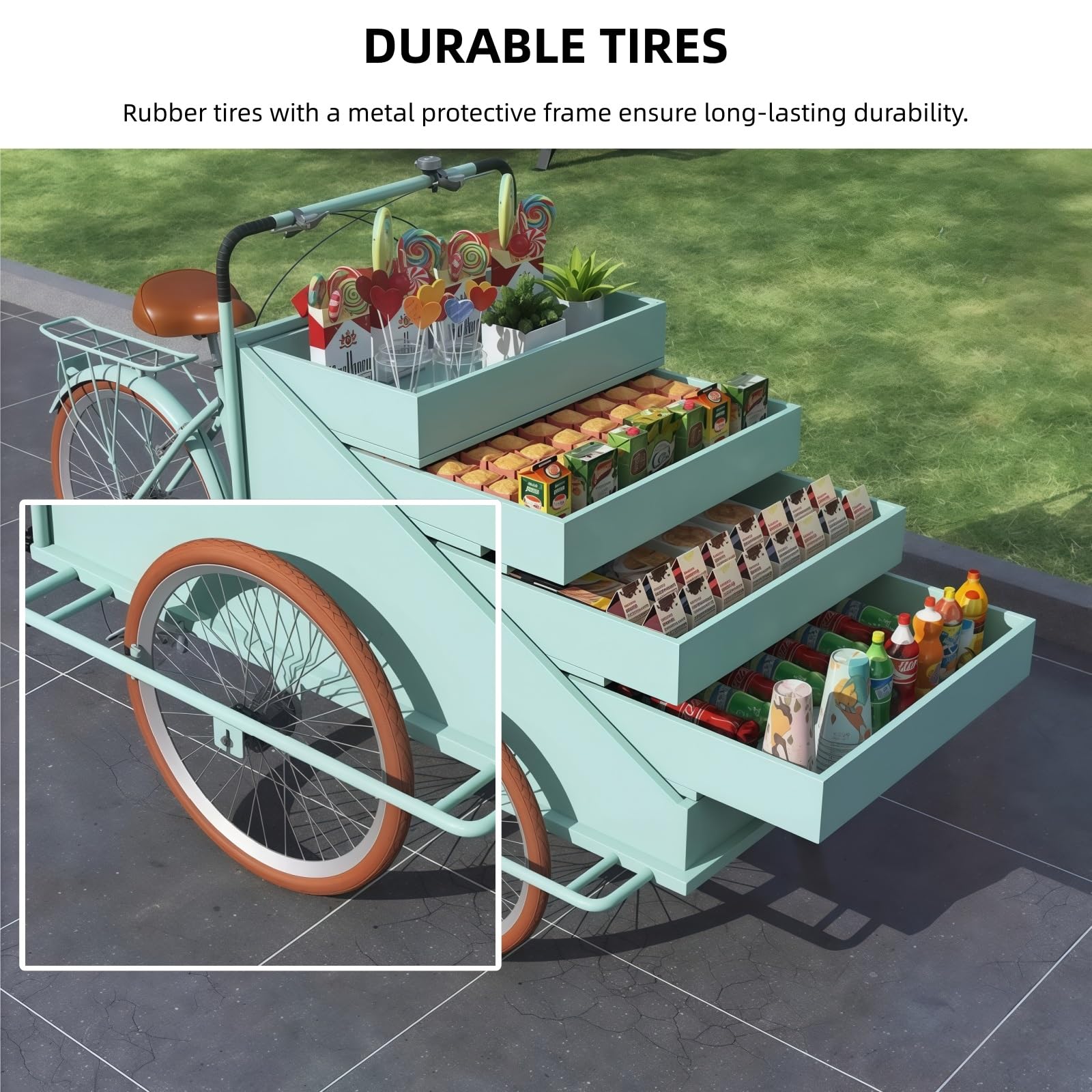Carrello della bicicletta di vendita, scaffale di vendita al dettaglio all'aperto multifunzionale per la bancarella del mercato, fiera di via, festival