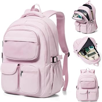 Backpack for School Teens Boys Girls, Large Capacity School bag for Men Women, Cute Bookbag for Students, Lightweight College backpack with lots of pocketsPink
