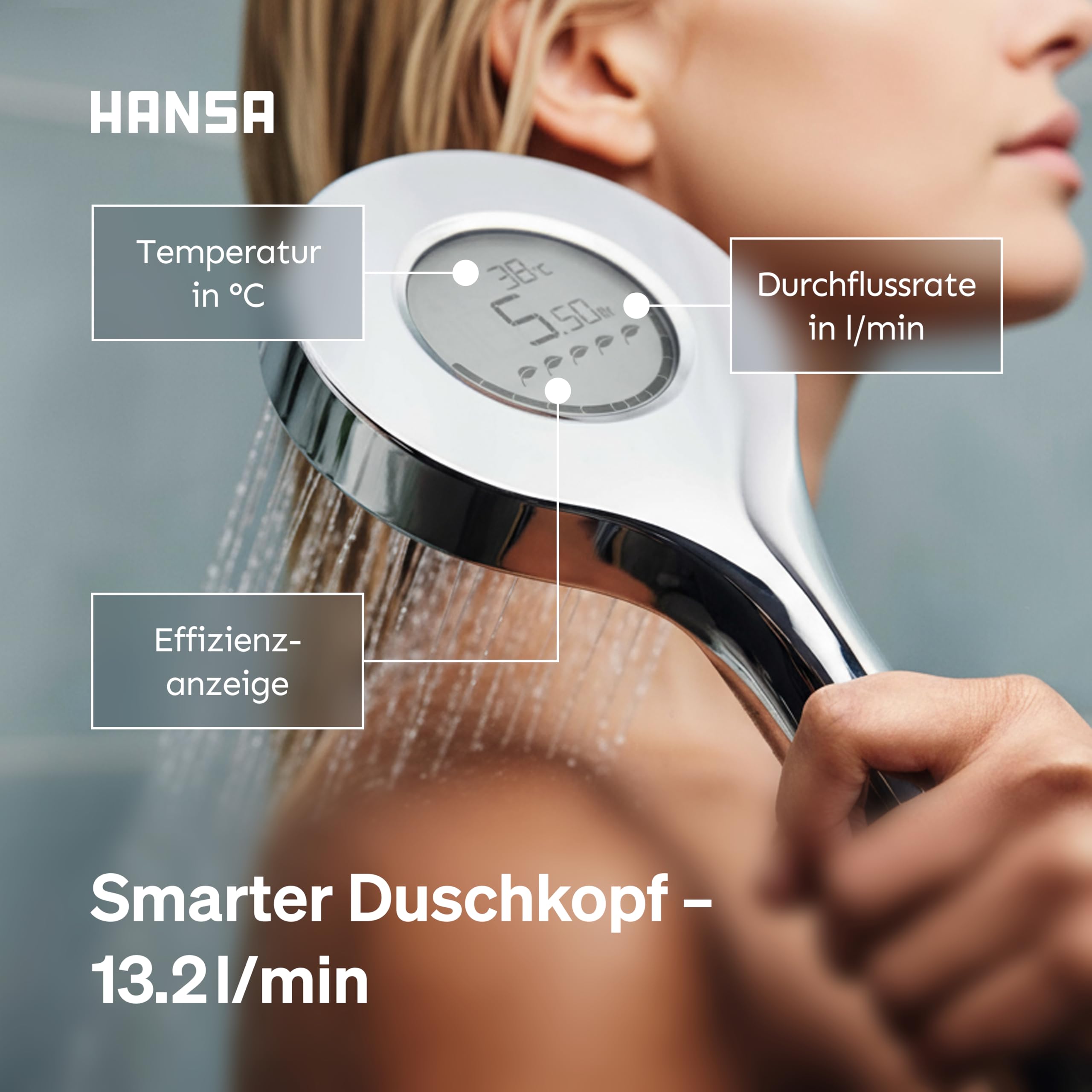 HANSA ACTIVEJET Digital Duschkopf 120mm | Bluetoothfähige Duschbrause mit digitaler Echtzeit LED Anzeige I Wassersparende Duschbrause mit Antikalk Technik I Brausekopf Dusche I G1/2 | Chrom