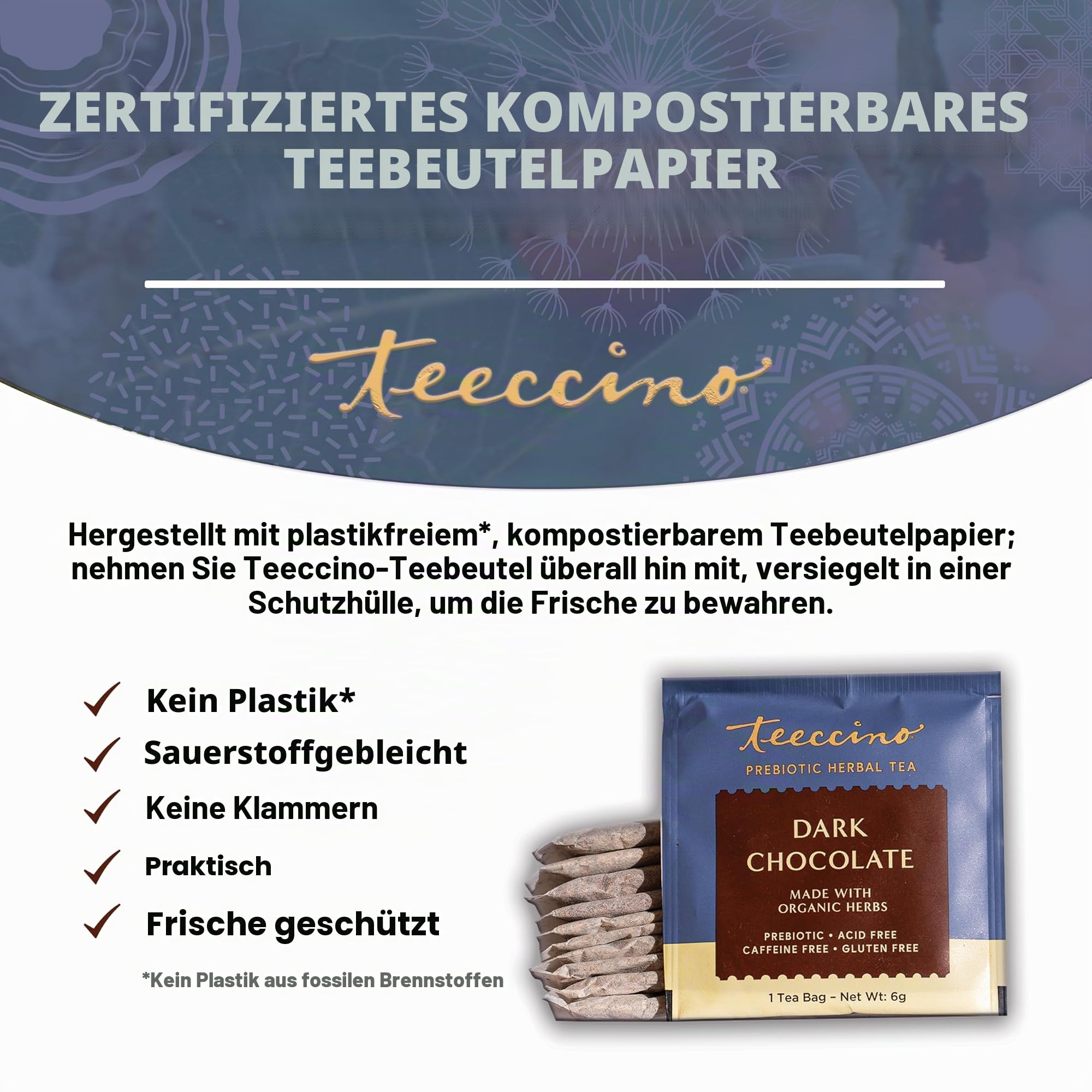 Teeccino Zartbitterschokolade - Präbiotischer Superschub - Kräutertee - Unterstützen Sie Ihre Probiotika mit Präbiotika für eine gute Darmgesundheit und Regelmäßigkeit, 25 Teebeutel