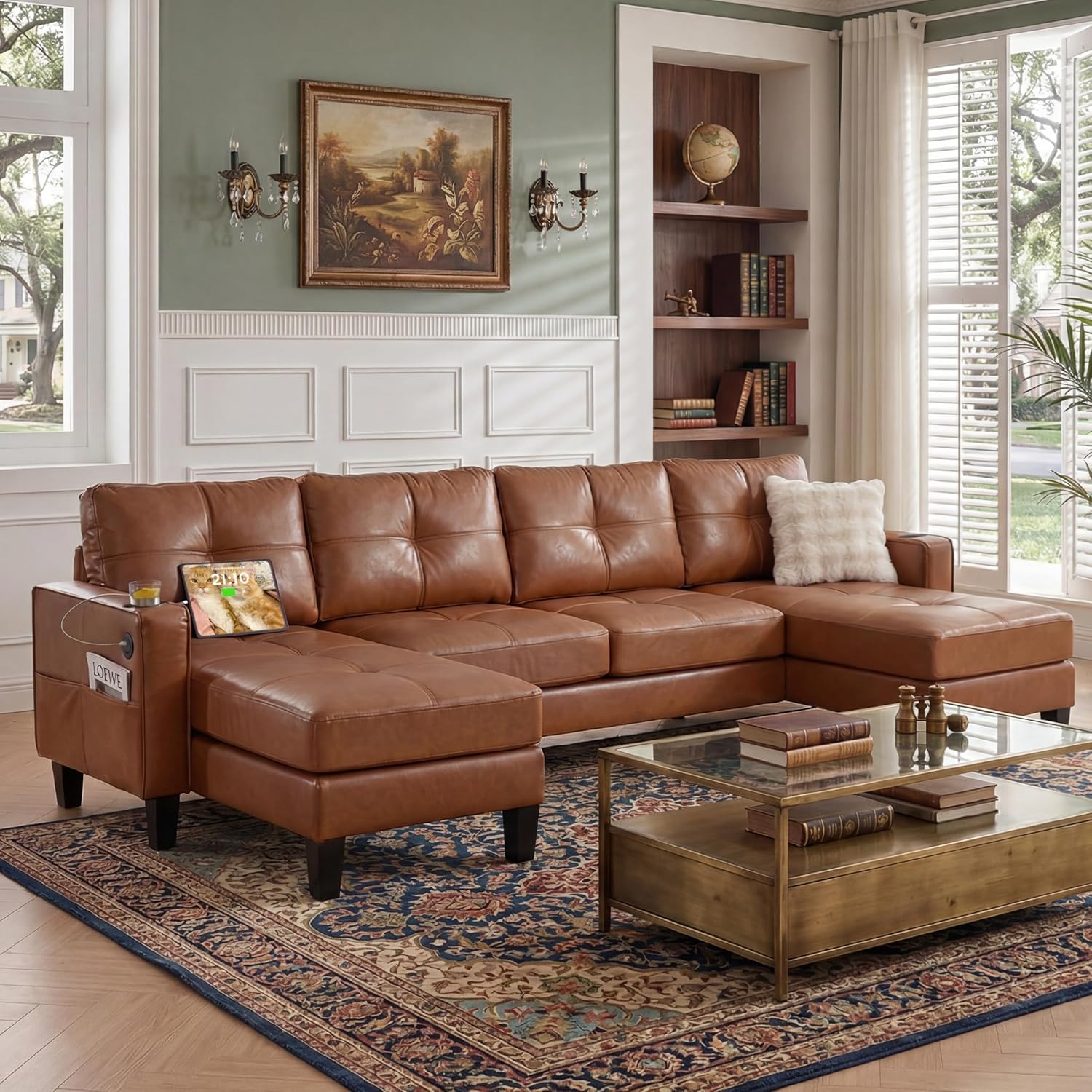 TYBOATLE 116’’ W Brown Faux Leather Sectional w/USB and