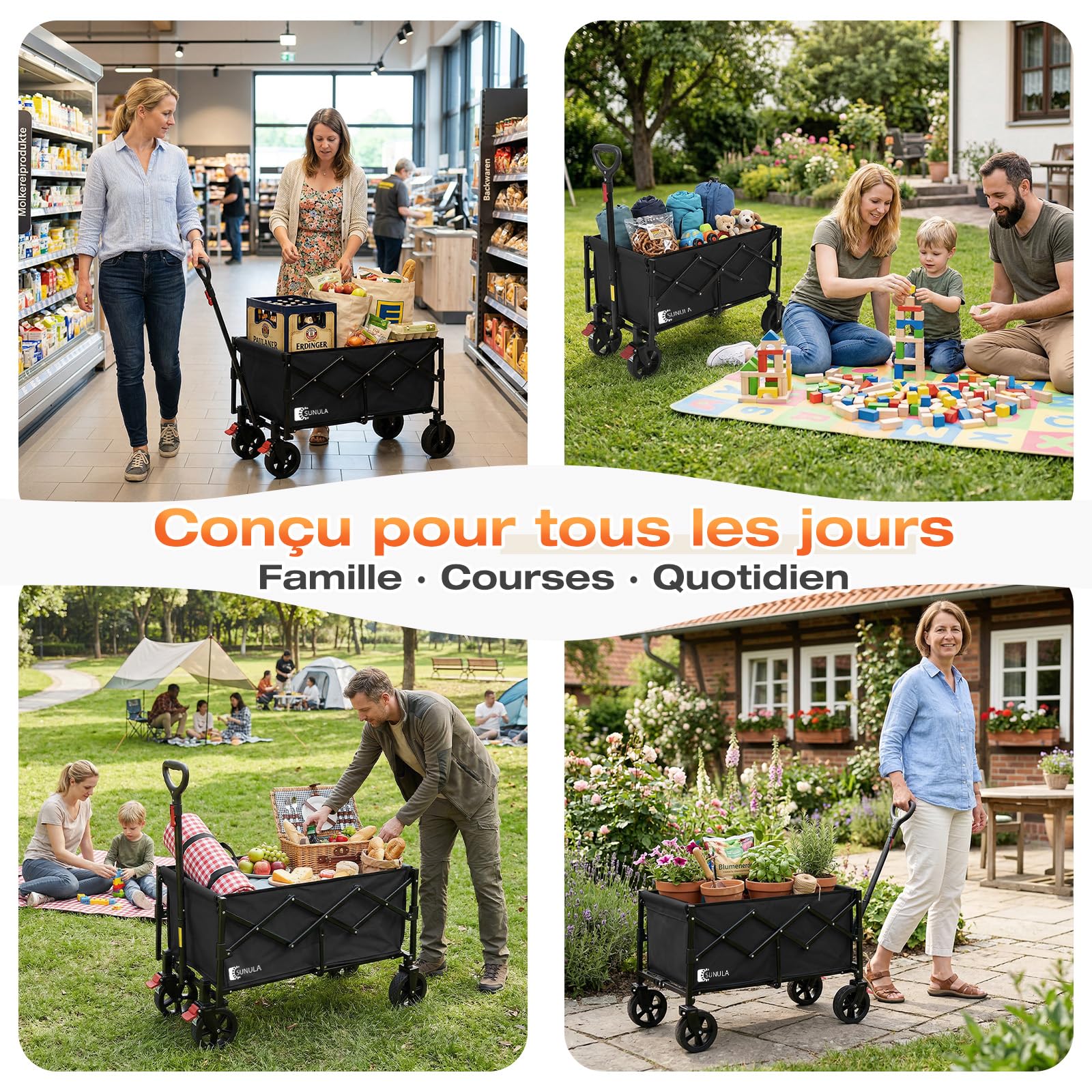 SUNULA Chariot Pliable Petit 80L 100KG Pliable avec Poids réduit, Chariot Tout-Terrain avec Freins, Noir
