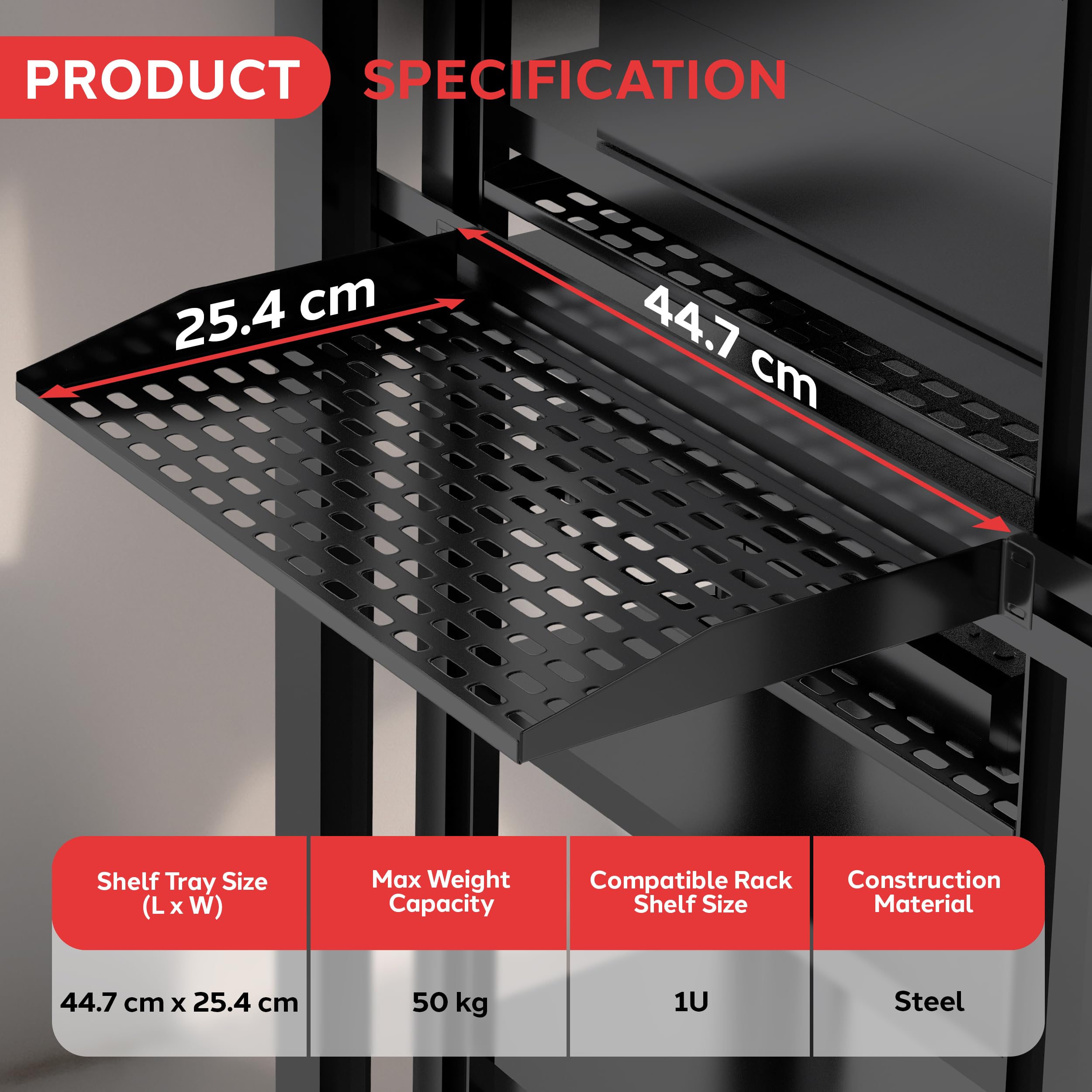 Pyle Półka Rack 19" 1U - 8 Metalowych Półek Wentylowanych, Montaż Ścienny Lub Rack, Do 110 Lbs, Platforma 17x10’’ Do Szaf, Sprzętu Komputerowego I Sieciowego