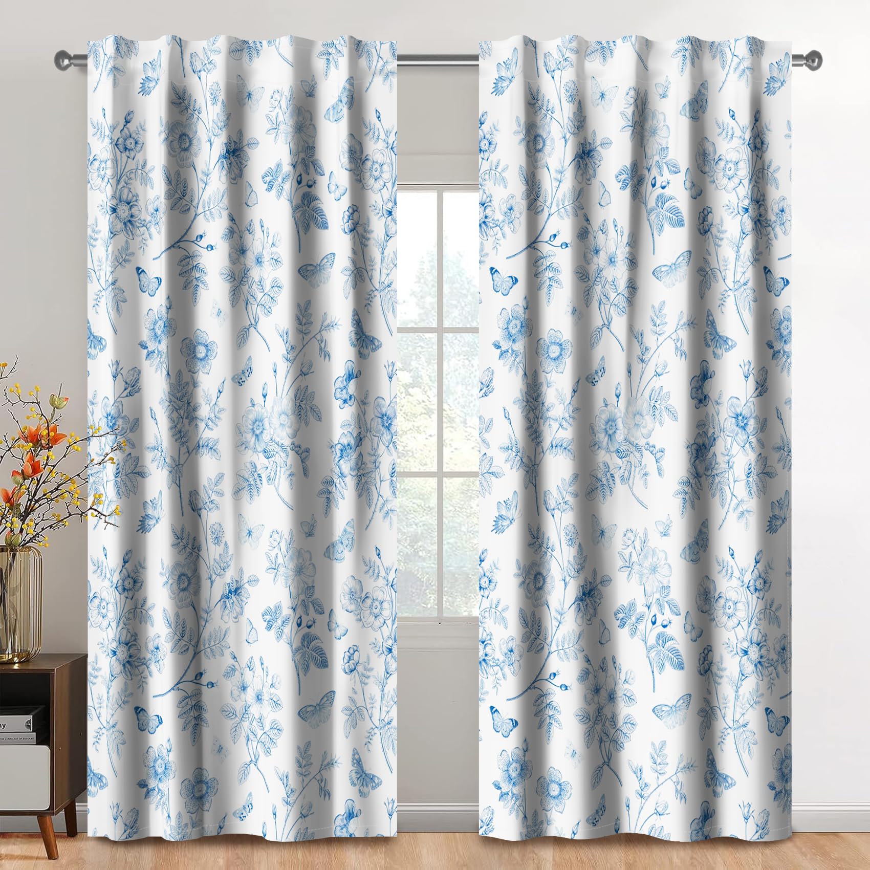 Kzzfqxb 2 Panels 117x229cm Rod Pocket Floral Curtains, Light Blue Toile Branches with Beautiful Flowers and Butterflies Window Drapes, Elegant Country Decor for Living Room Bedroom Dining Room — image 1