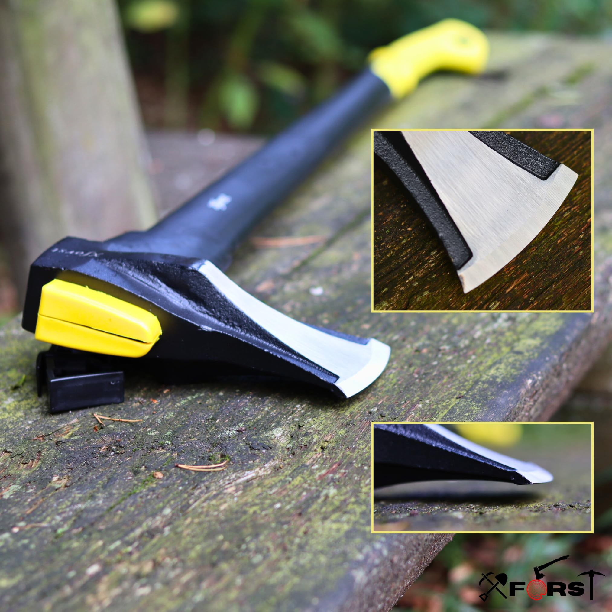 Xforst Hacha de Partir Forestal SA2F 93 cm con Mango de Fibra de Vidrio Amarillo y Negro – Cabeza de 2 kg Acero Forjado – 3,1 kg Total – Fijación Patentada – Hacha para Leña y Exterior