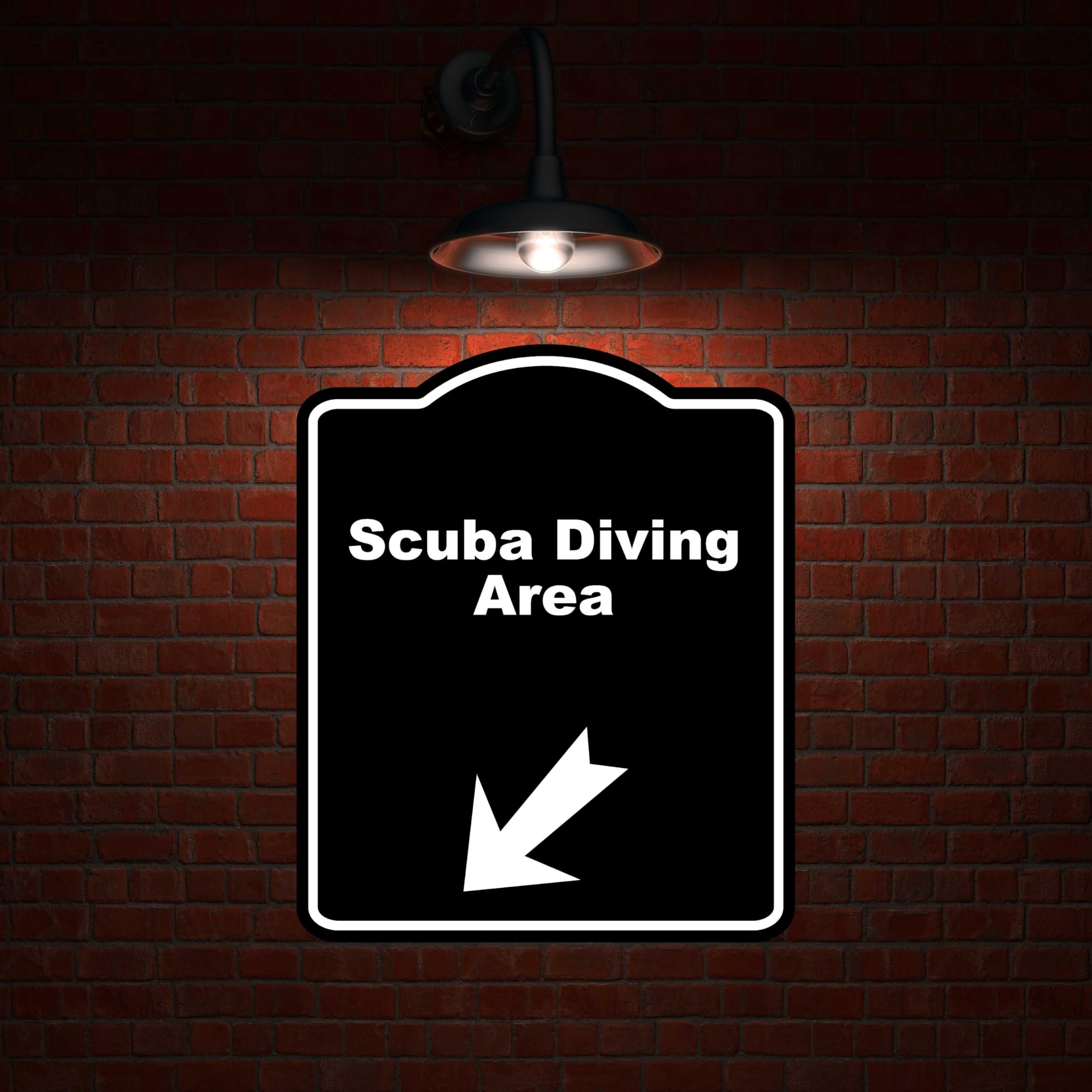 Scuba Diving Area Black Sign Arrow Down Left Aluminum Composite Sign 15 x 18 inches
