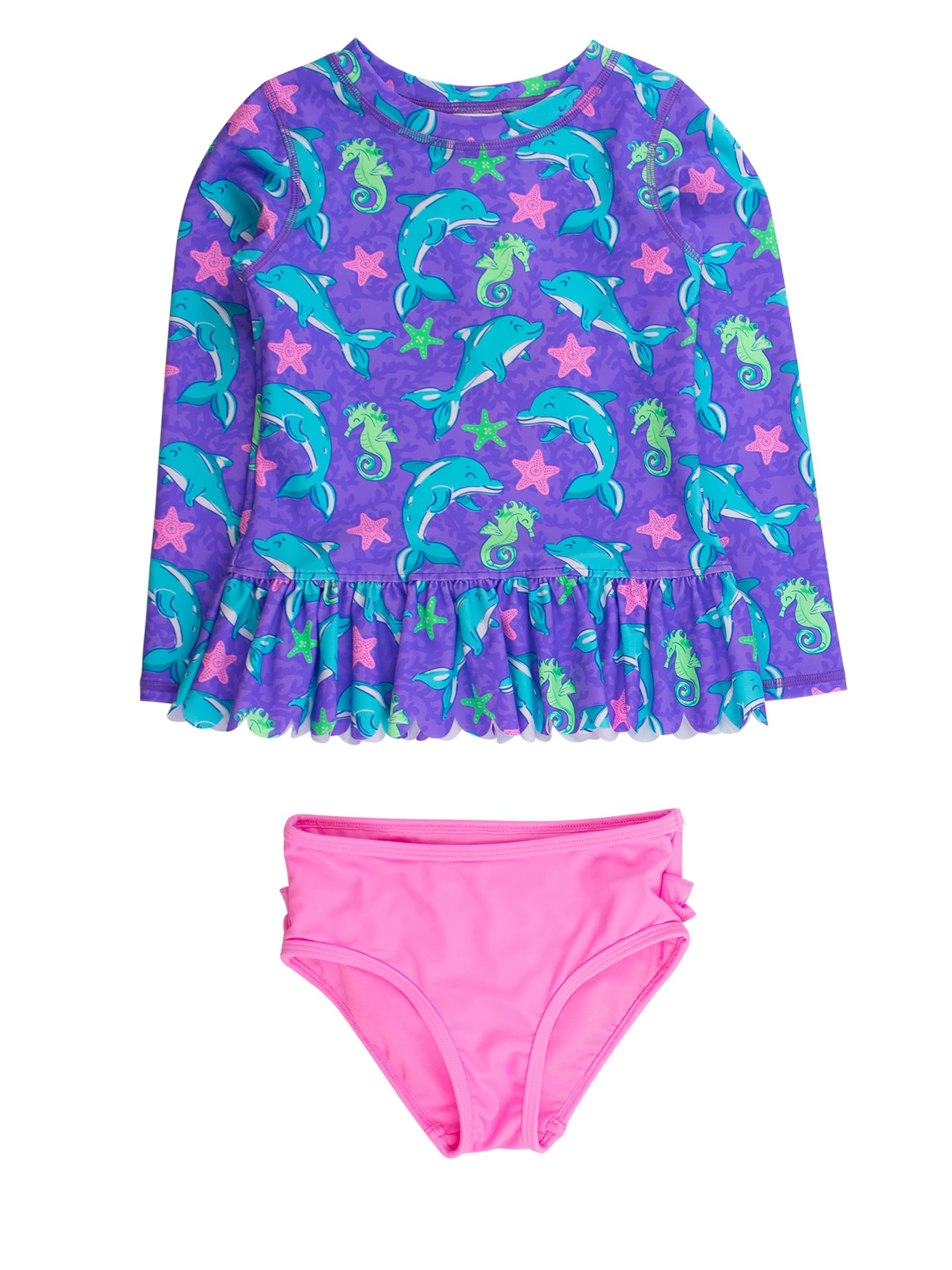 RuffleButts Girls Scalloped Long Sleeve - 2-Piece Rash Guard Swim UPF 50+
