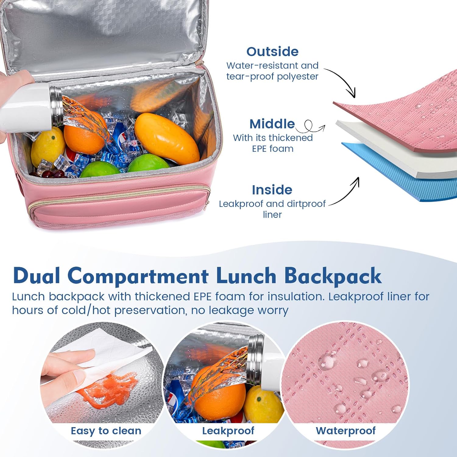 Backpack Cooler Lunch Backpack Double Decker Lunch Box,Insulated Backpack Lunch Cooler Bag, Lightweight Leakproof Lunchbox Backpack for Women Men to Travel,Picnic,Hiking,Beach,Camping - Image 3