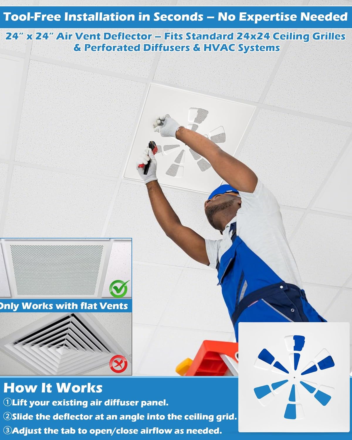 2 Pack 24"x24" Adjustable Ceiling Vent Cover & Air Deflector - AC/HVAC Heat Deflector for Flat Vents, Optimal Airflow, Easy Install (Office/Home/Commercial)