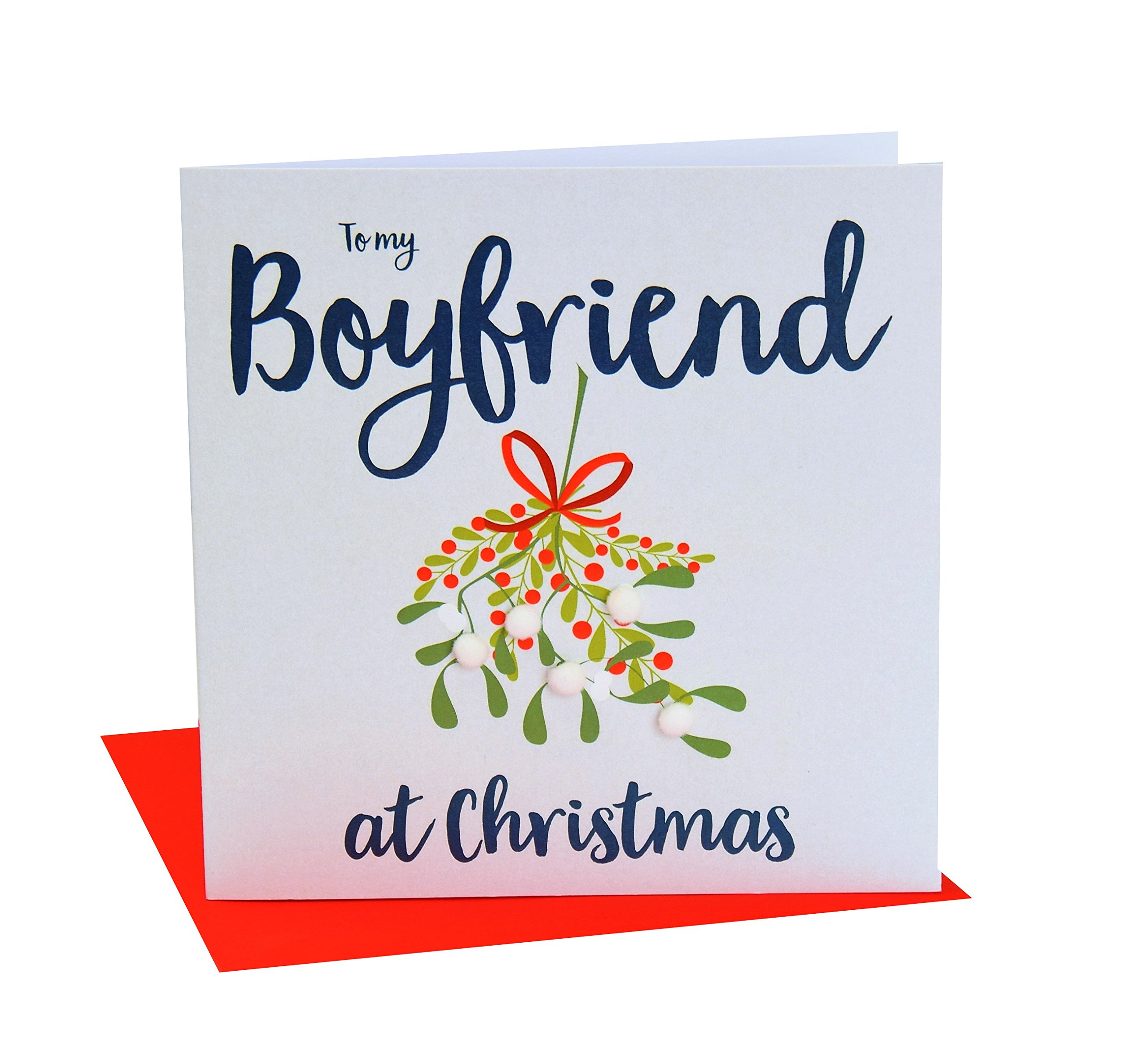 Claire Giles Greeting Cards, Happy Christmas Boyfriend Card, Mistletoe design xmas Greeting Card, Embellished with Colourful Pompoms