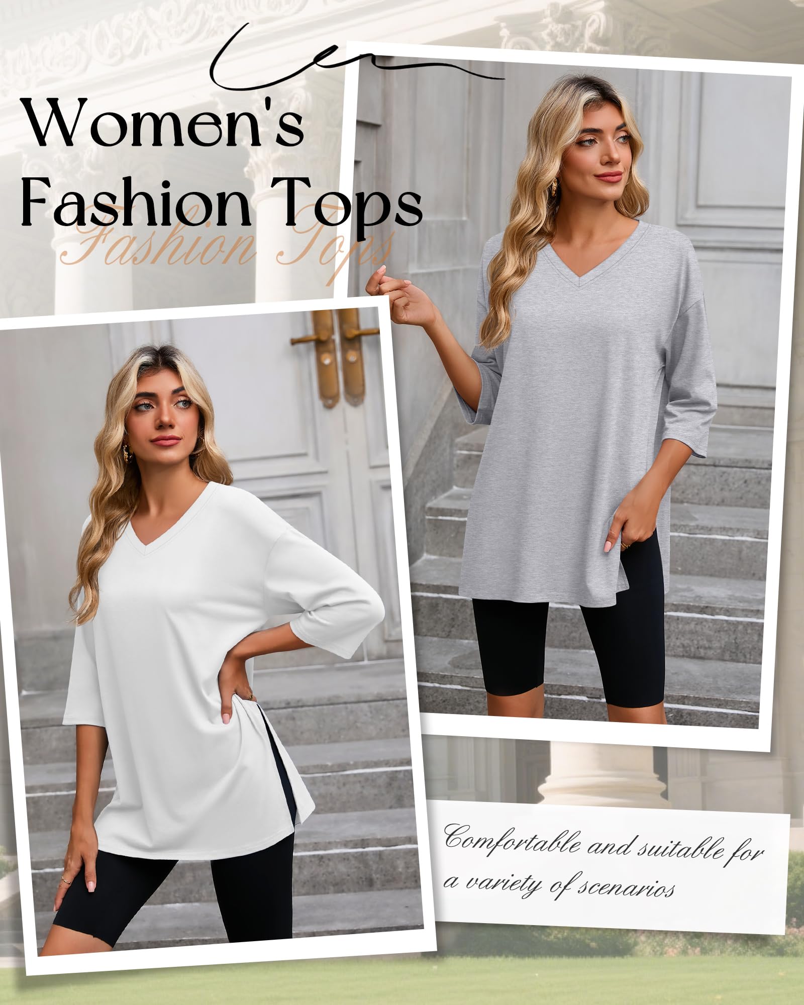 Huukeay Lot de 3 t-shirts surdimensionnés à manches 3/4 pour femme, col en V, tricoté, tunique décontractée avec fente latérale, t-shirts basiques amples