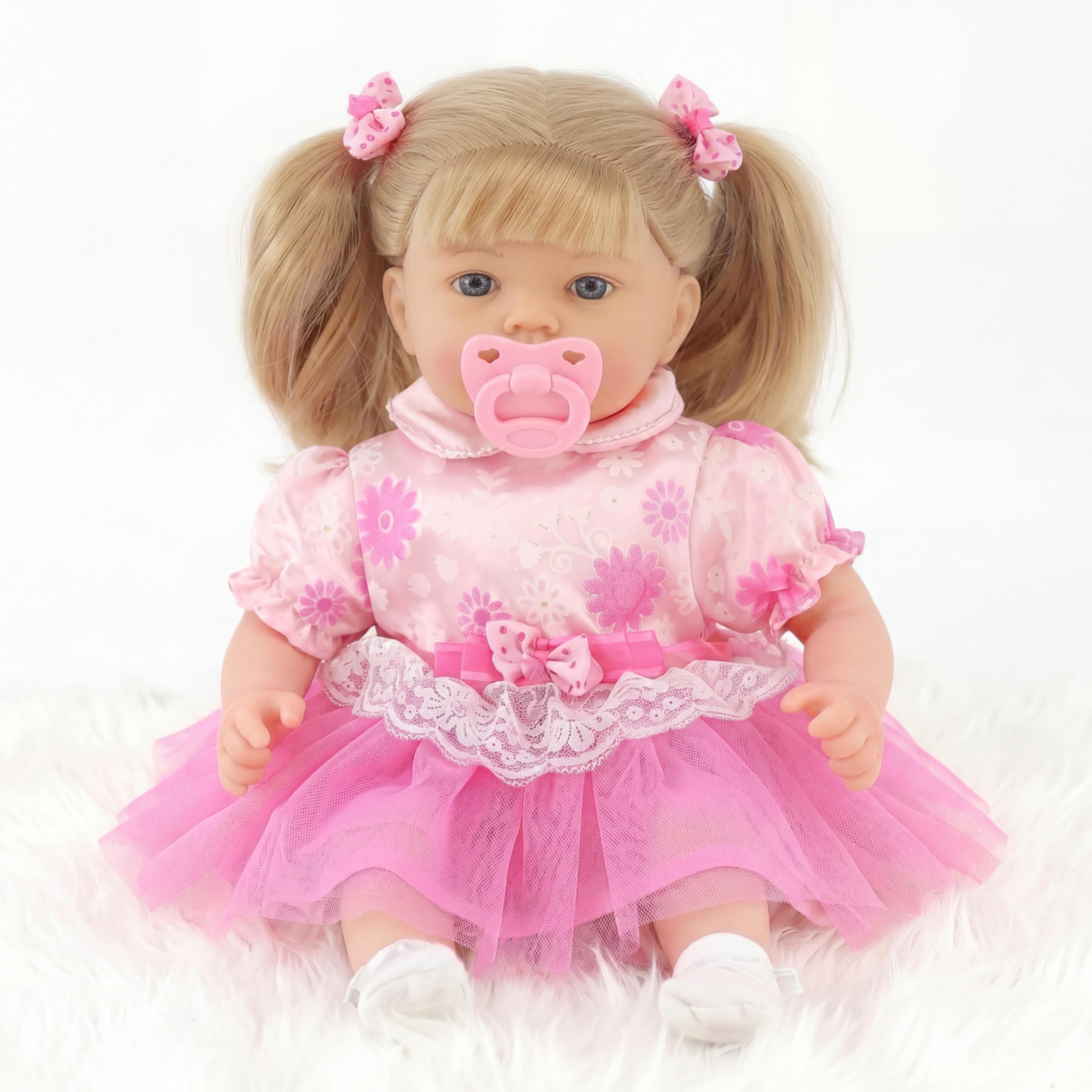 Bibi Doll 18" Realistic Baby Doll Girl Elizabeth in Pink Floral Outfit with Hair, Sounds & Dummy - Cuddly Soft Body with Vinyl Limbs, Talking Feature - Great for Girls & Boys Aged 18 Months+