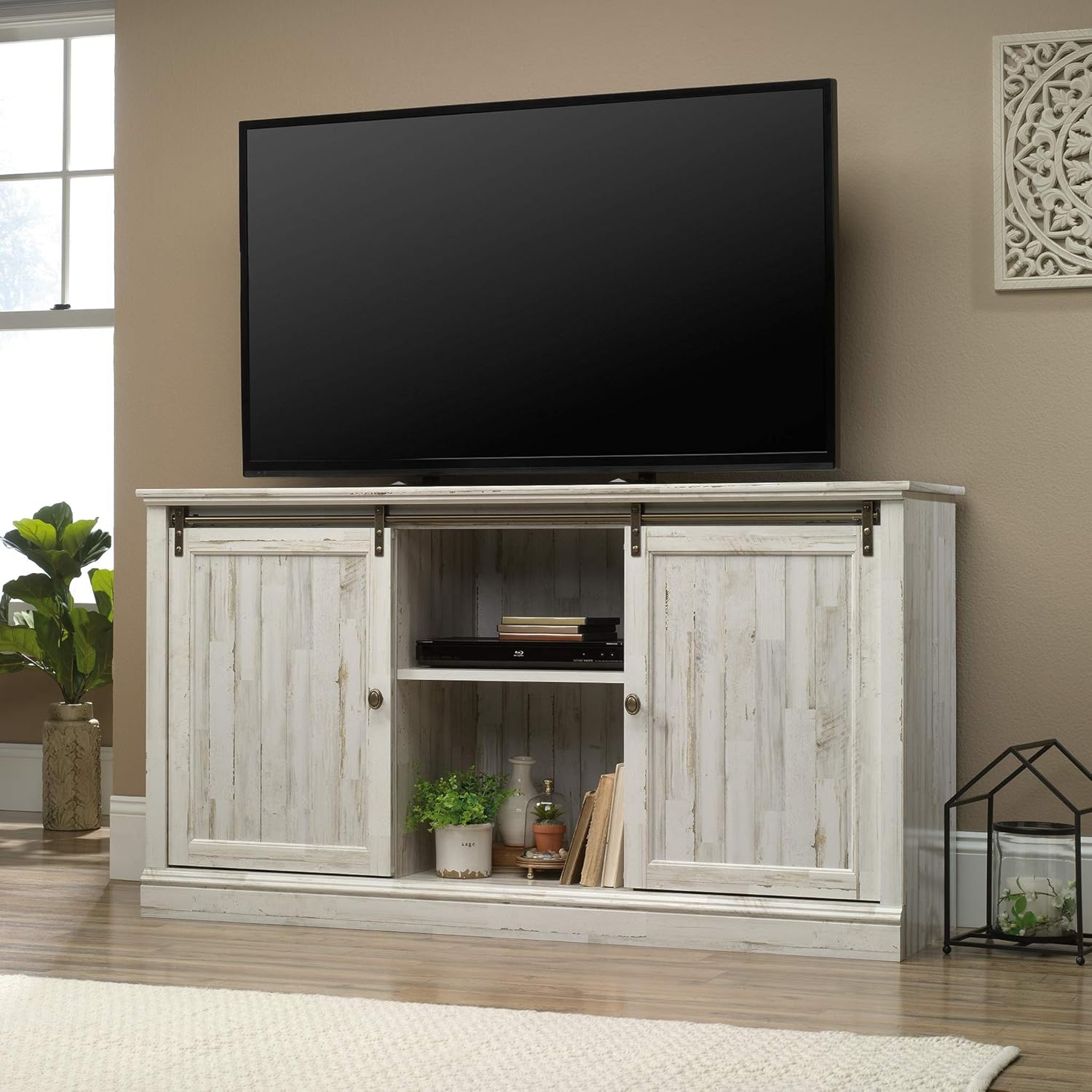 White Plank Sliding Door TV Stand with Adjustable Shelves