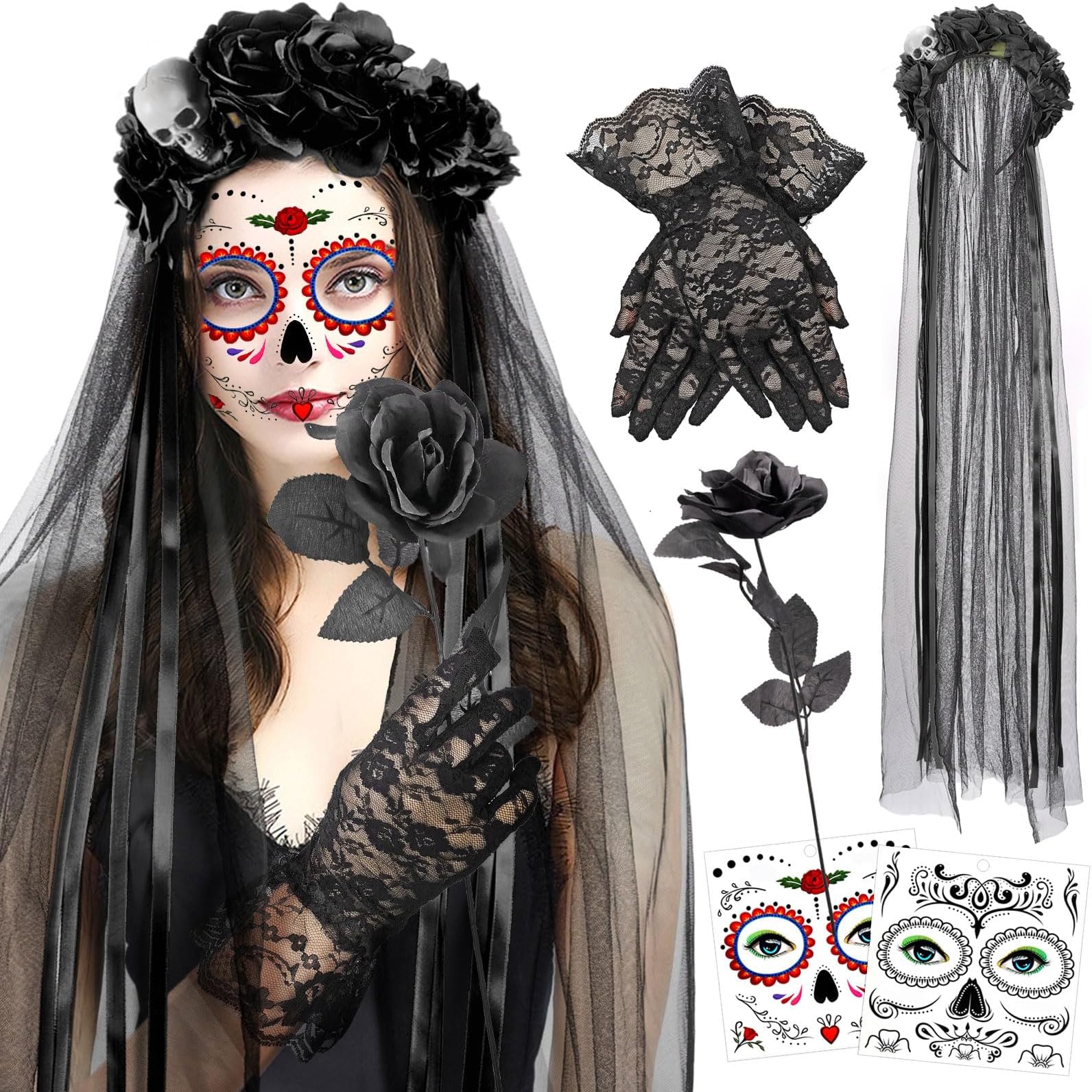 HOWAF Halloween Day of the Dead Headband Veil Rose Floral Crown Mexican Headband Face Tattoos Day of The Dead Tattoo Sugar Skull Lace Gloves Black Roses for Women Halloween Costume