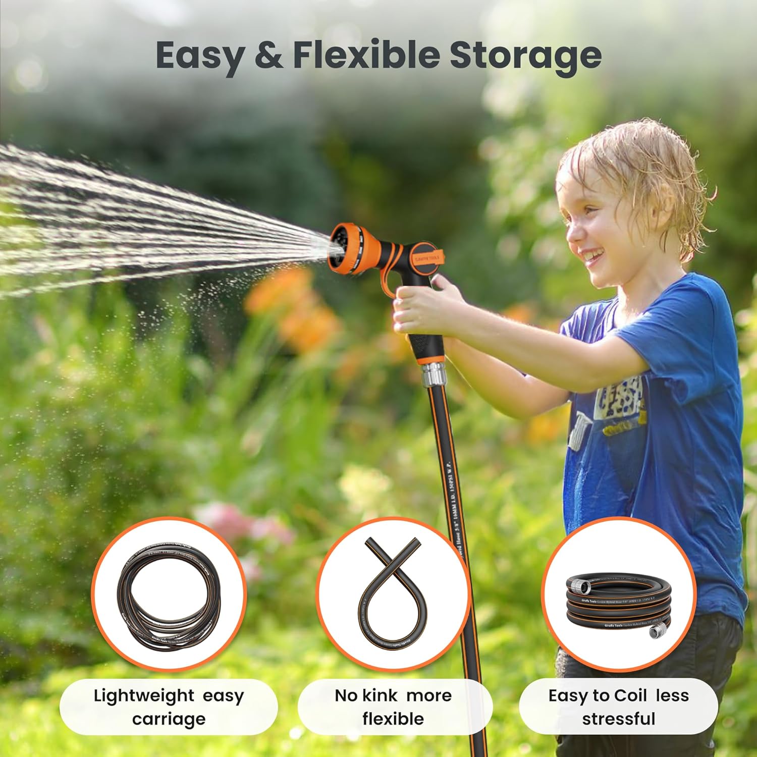 Giraffe Tools Garden Hose Nozzle 9 Adjustable Spray Modes and Leader Hose 5ft x 5/8", Customizable Rubber Hose, No Kink, Flexible