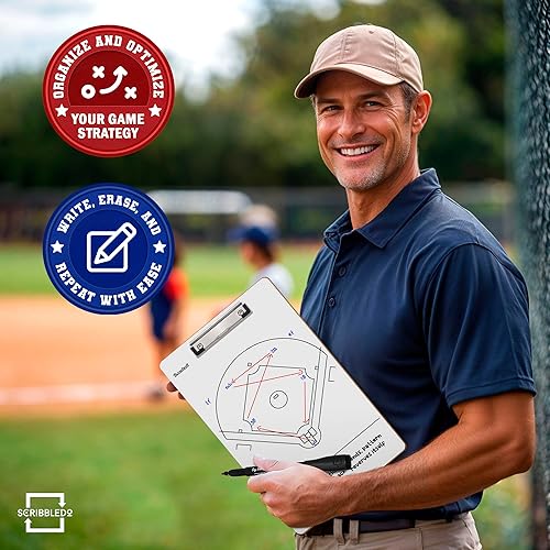 Miniatura 2 de Scribbledo Tabla de borrado en seco de béisbol para entrenadores de 15 x 9 pulgadas, de doble cara, alineación de béisbol, accesorios de