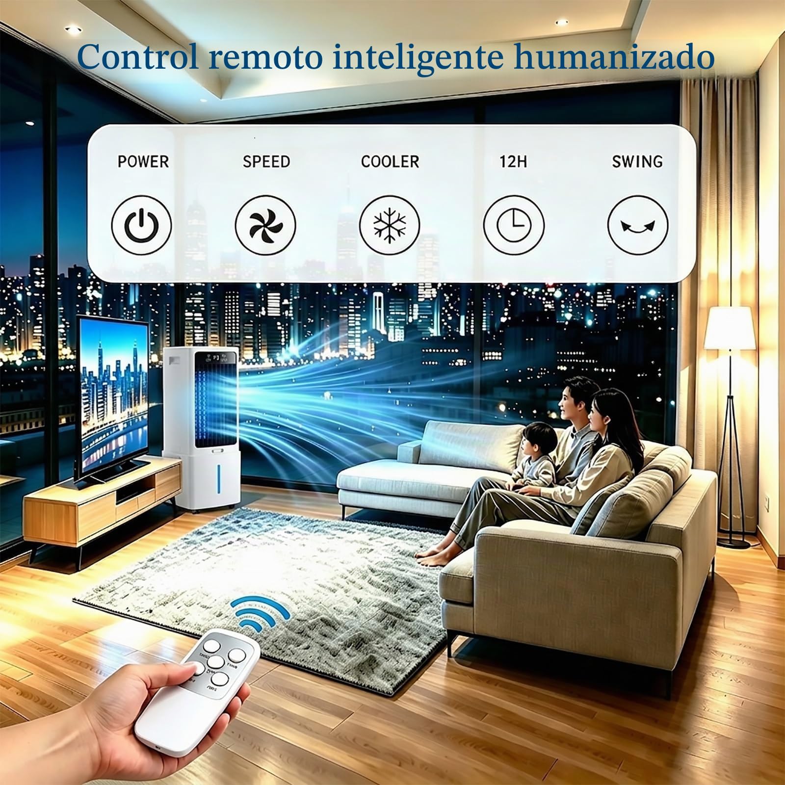 Aire Acondicionado Portátil sin Ventana con Control Remoto, Enfriador Evaporativo 3 en 1, 3 Velocidades, Temporizador de 12 Horas, Bolsas de Hielo, para Casa, Garaje, Restaurante y Exteriores