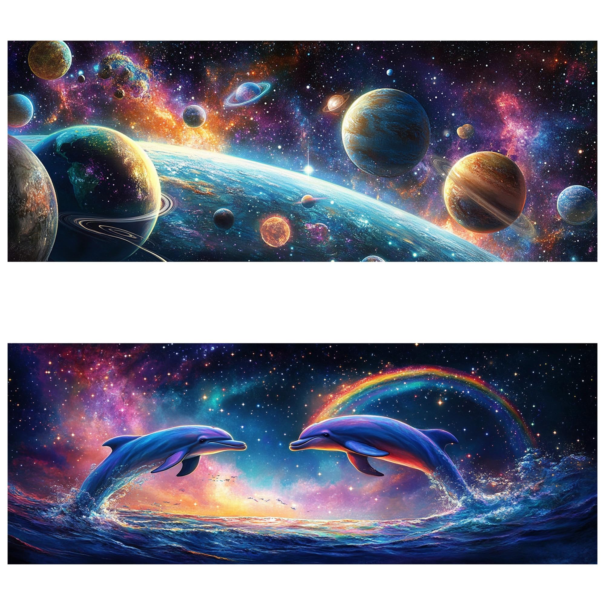 Yomiie 2 Pack Large Diamond Art Kits for Adults, Planets &amp; Dolphins Diamond Painting Art DIY Full Round Drill Kits, Embroidery Rhinestone Diamond Crystal Craft Canvas Home Wall Decor 31.5x11.81 inch