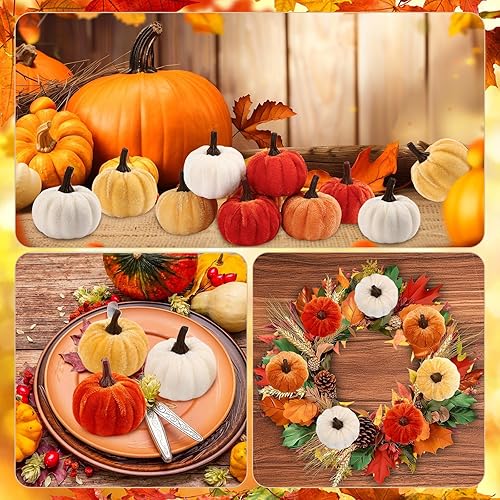 Miniatura 8 de 16 calabazas artificiales de terciopelo para otoño, mini calabazas artificiales para cosecha de Acción de Gracias, hogar, granja, decoración de