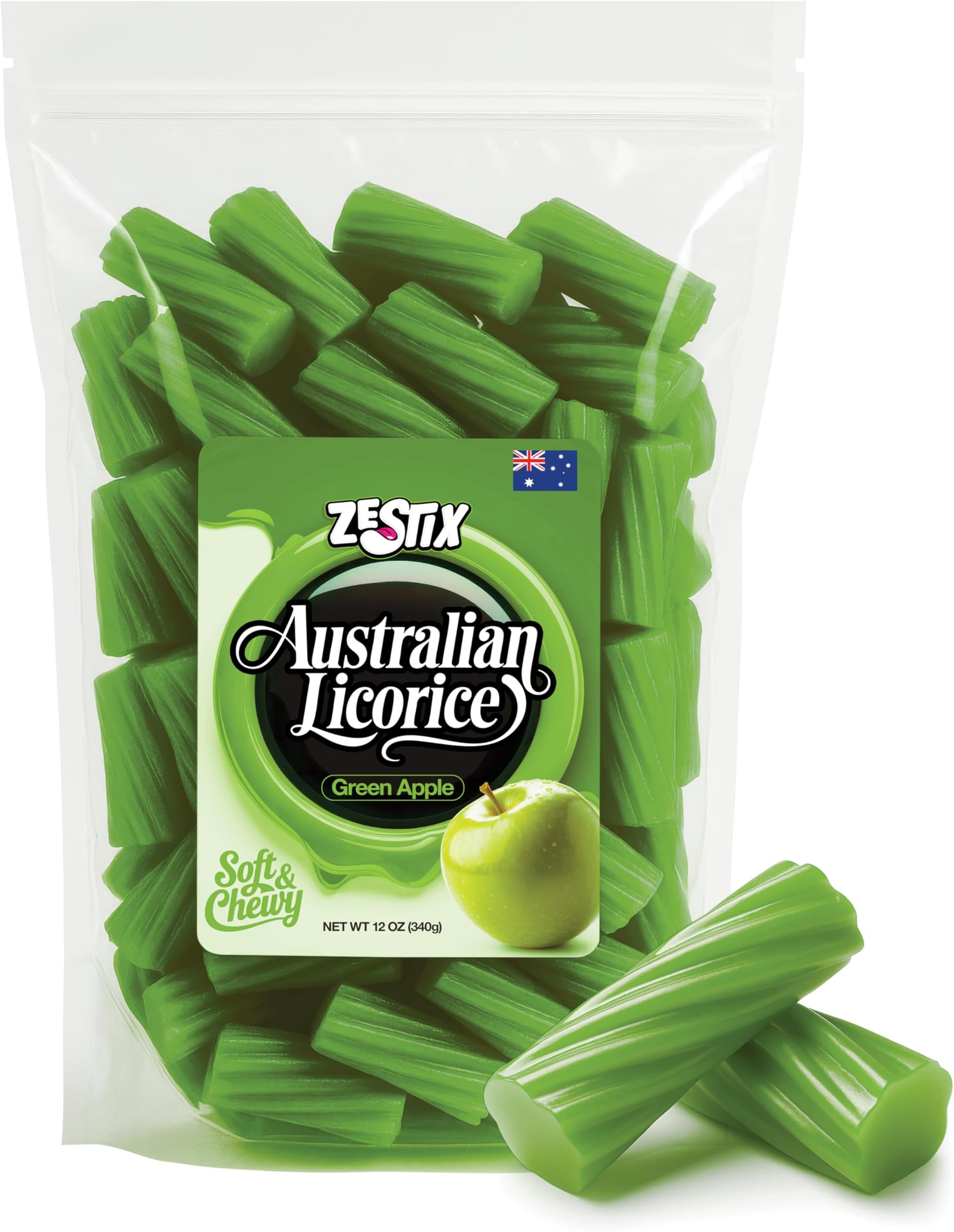 Australian Licorice Green Apple Flavor – Soft & Chewy Green Licorice Candy, 12 oz Bag – Fruit Twists for Snacking, Candy Buffets, Gift Bags & Party Favors – Zestix