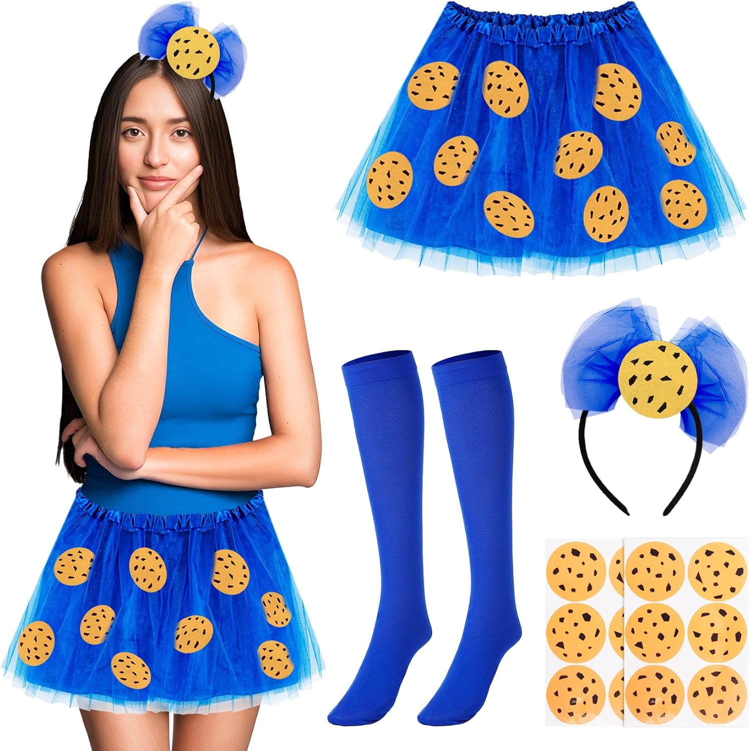Halloween Blue Costume Accessories Include Skirt Headband and Cookie Stickers for Cosplay