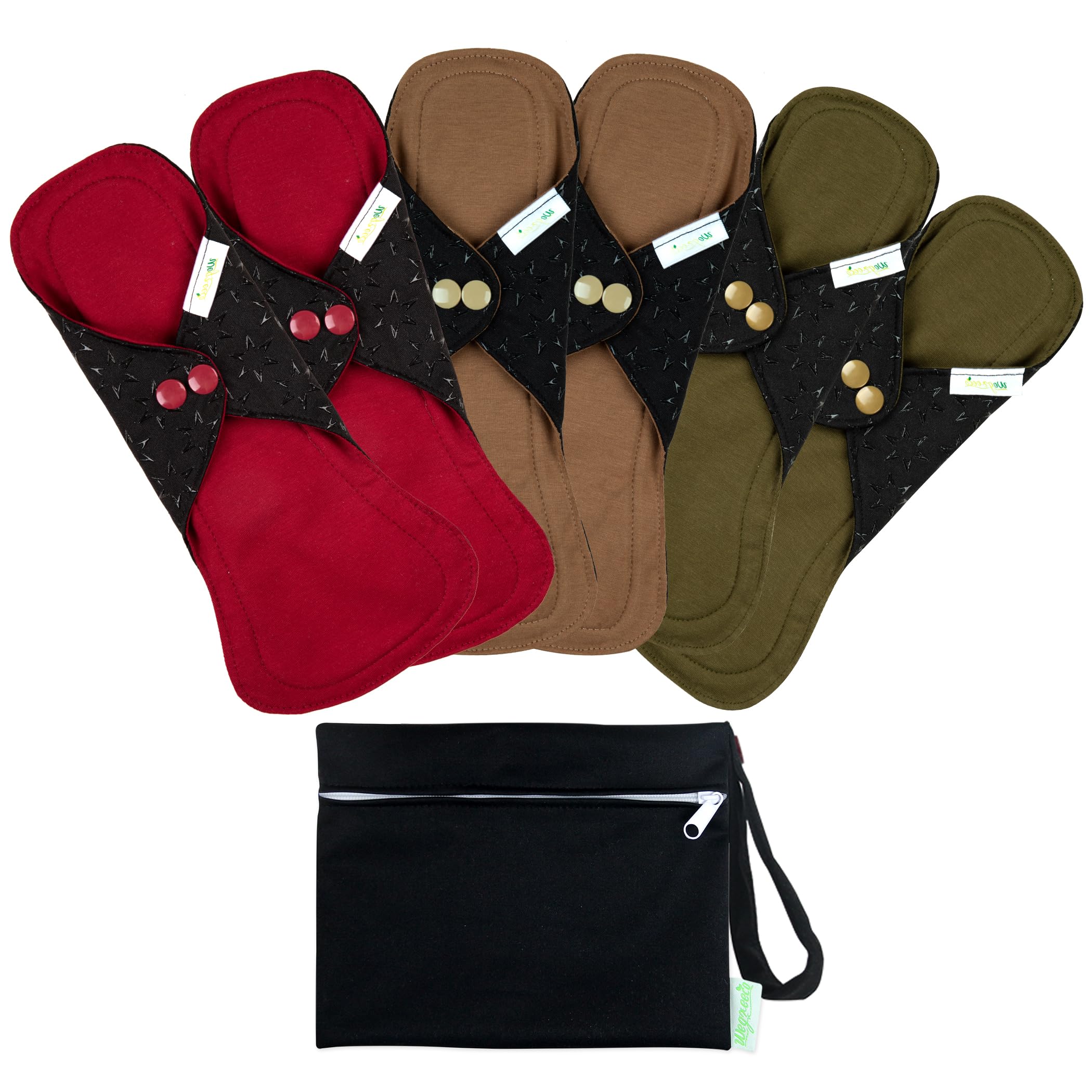 wegreeco 6 Pcs Reusable Menstrual Pads, Ultra Absorbent Cloth Pads for Light/Heavy Flow, Sanitary Pads for Teens, Women, Nonslip Panty Liners + Bag (Aqua, Burgundy, Coffee, L)