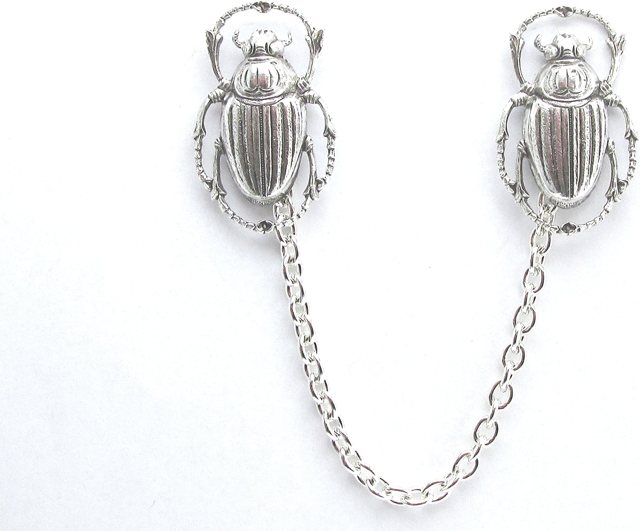 Silver Scarab Sweater Clips Egyptian Revival Collar Chain Scarab Beetle Collar pins