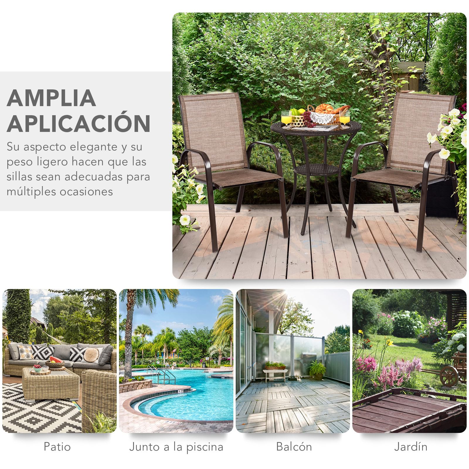 GIANTEX Juego de 2 Sillas Apilables de Jardín, Sillas de Patio con Reposabrazos y Respaldo Alto, 56 x 72 x 90 cm, Sillas de Comedor para Piscina, Terraza, Jardín (Marrón)