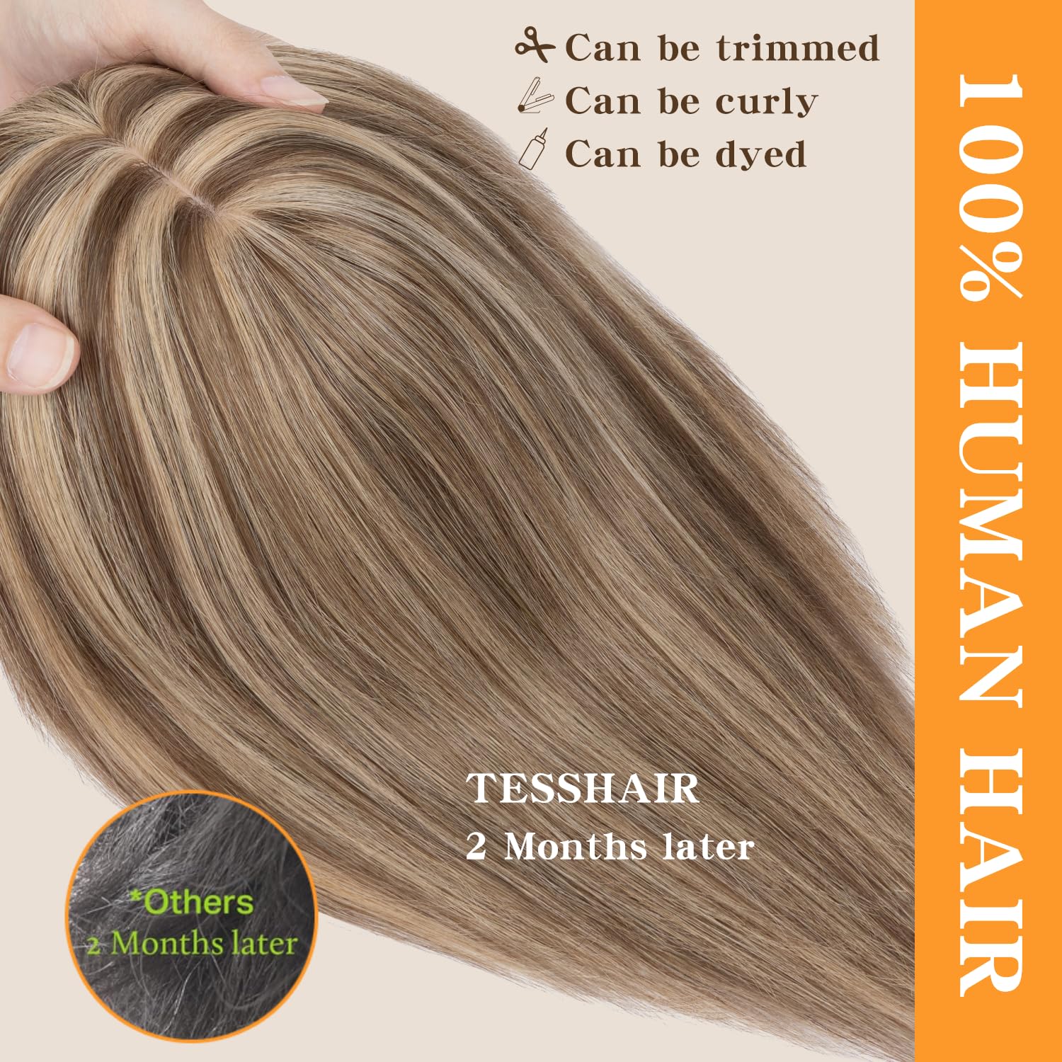 Human Hair Toppers for Women, 150% Density Hair Topper with Bang, No Tangle & Smooth, Upgrade 7x13cm Silk Base, 14 Inch #4P27 Medium Brown & Dark Blonde