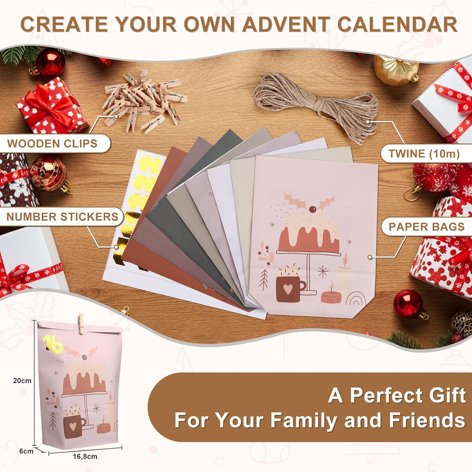 Yinsun Advent Calendar 2026, 24 Christmas Empty Advent Calendars to Fill | Countdown Gift Paper Bags, Wooden Clips Included, For Children and Adults, DIY Crafts