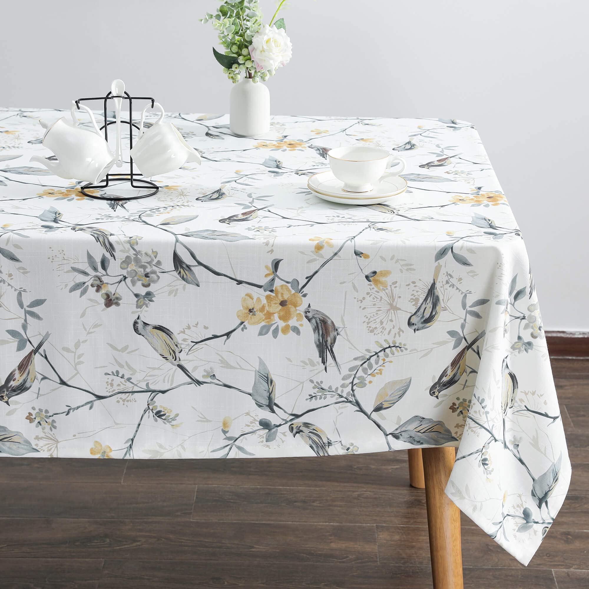 VOGOLSpring Summer Tablecloths Wrinkle Free Anti-Fading Table Cloth Linen Grey Birds and Floral Rectangle Table Cover for Kitchen Dining, Party, Holiday, Buffet and Wedding