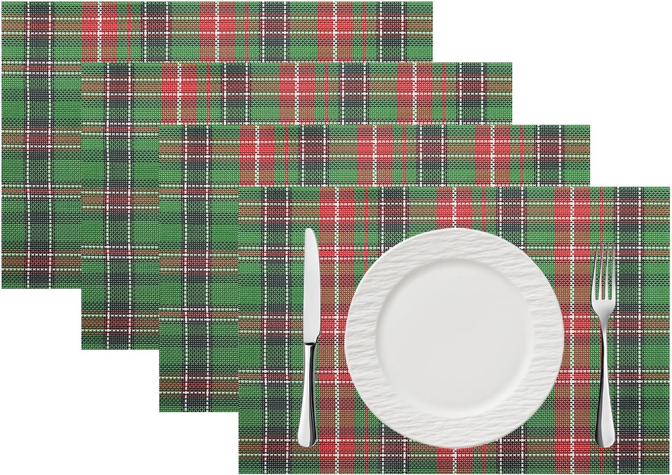 Christmas Placemats Set of 4, 12"×18" Checkered Pattern Placemats, Plastic Woven Place Mats for Kitchen Table Indoor, Outdoor Washable Placemat Wipeable Dining Table Mats (Dark Green)