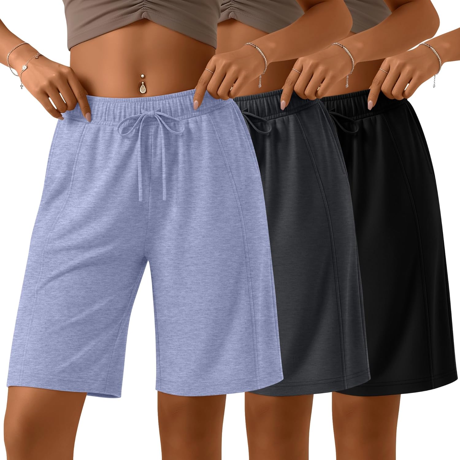 3 Pack Women's Bermuda Shorts Knee Length Lightweight Elastic Drawstring Casual Lounge Yoga Pants with Pockets