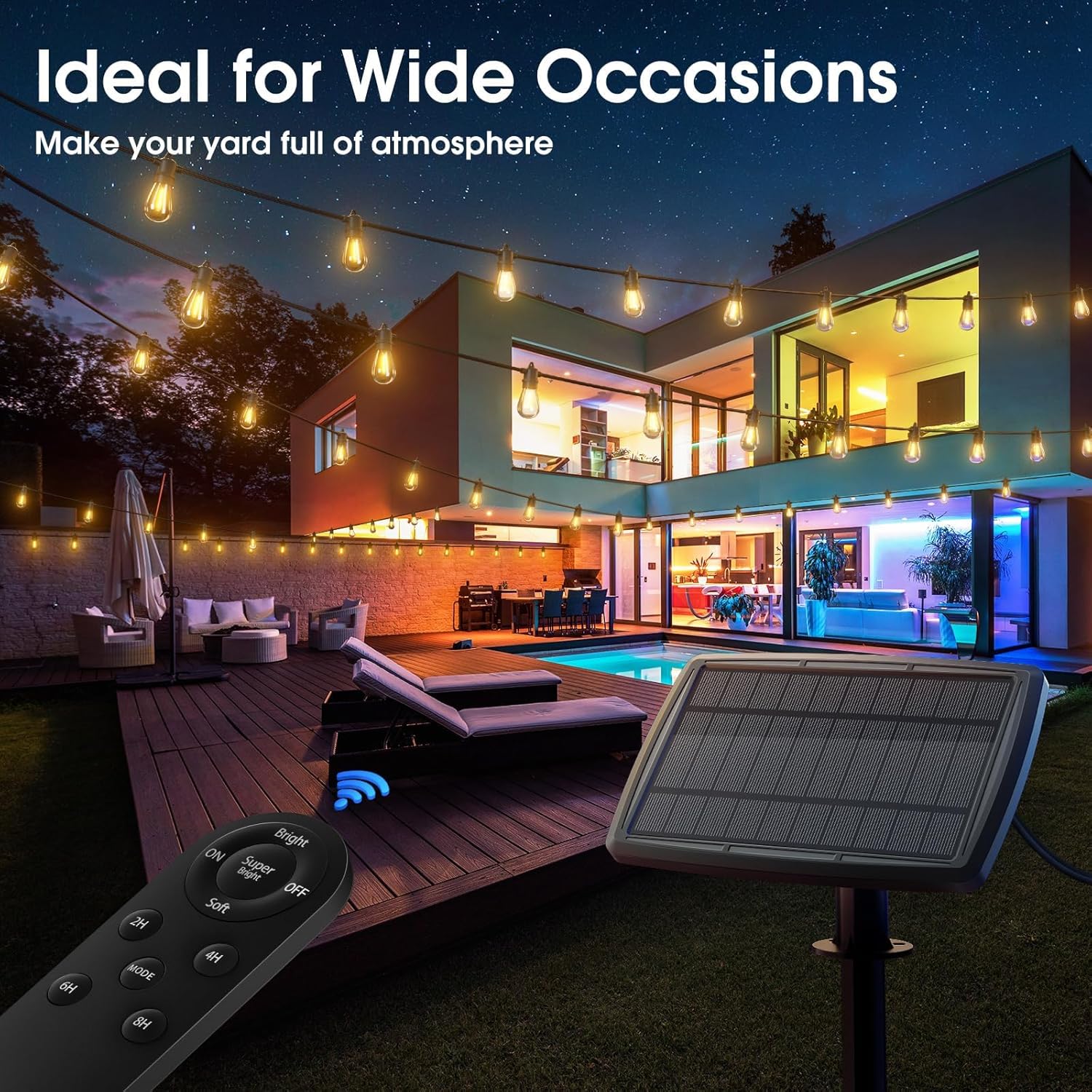 54FT Solar Powered Outdoor LED String Lights with Remote Control